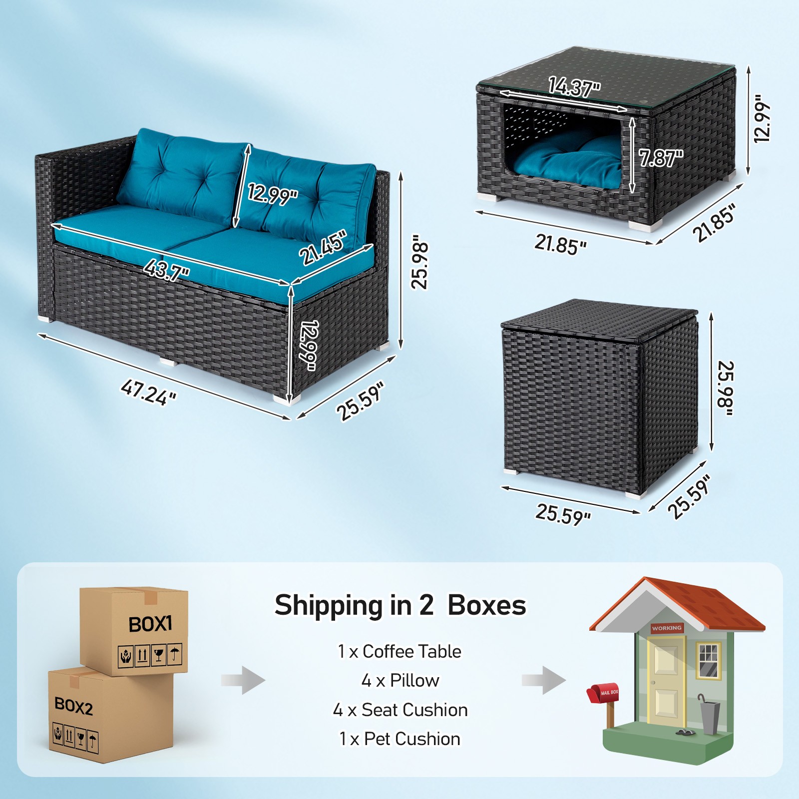 4 Piece Outdoor Patio Rattan Sectional Furniture Chair Set with Pet Coffee Table