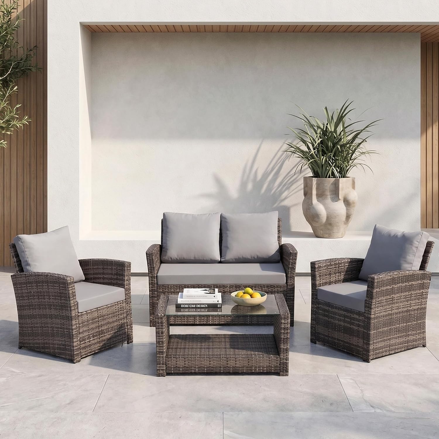 4 Piece Rattan Garden Furniture Set Sofa Armchairs Coffee Table Patio Grey