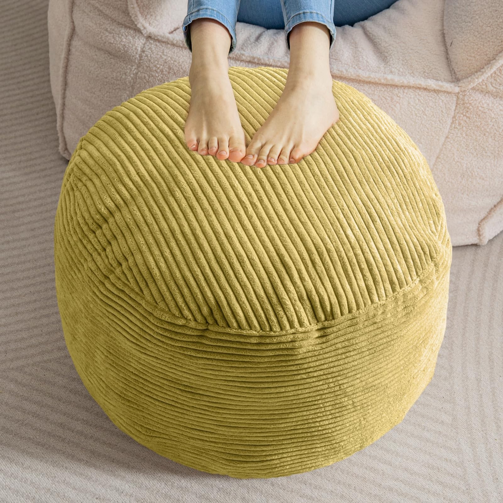 HIGOGOGO Round Stuffed Pouf Ottoman, Corduroy Poufs with Foam 20 inch, Green