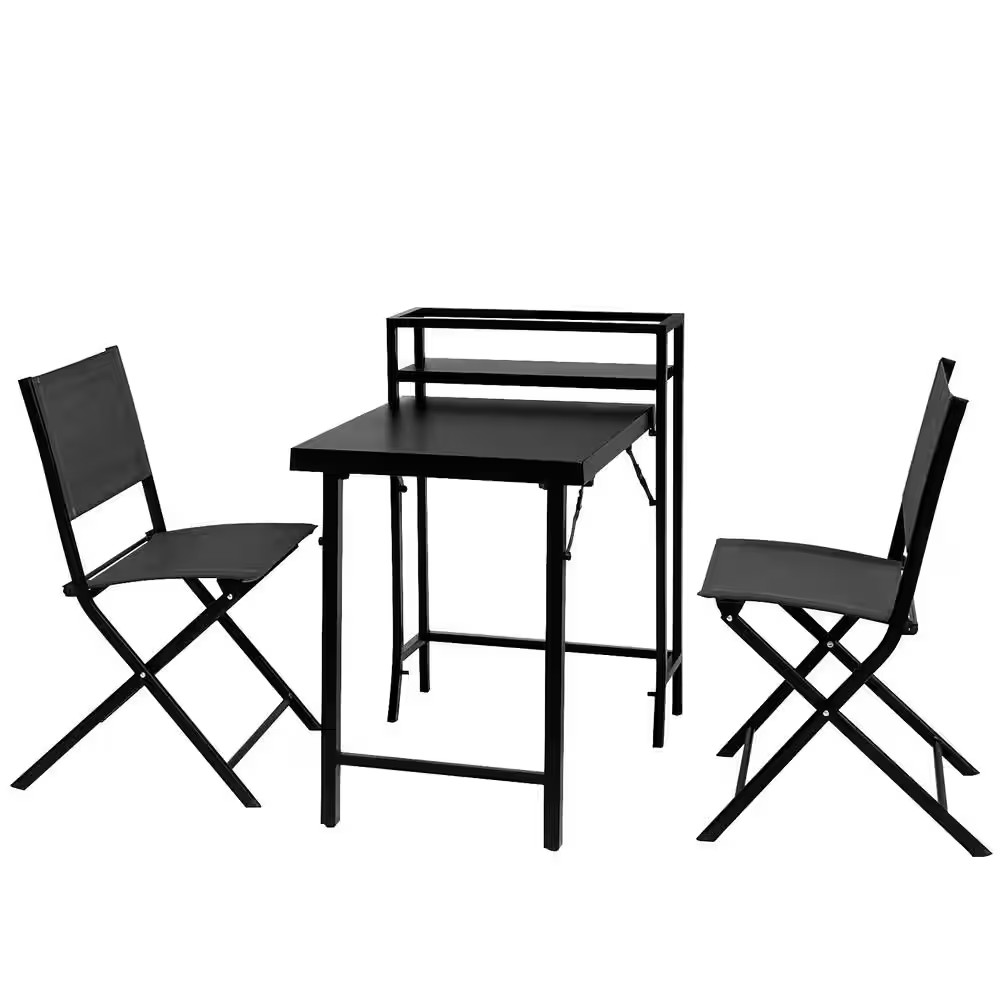3-Piece Black Steel Foldable Patio Outdoor Bistro Set, Patio Table and Chairs