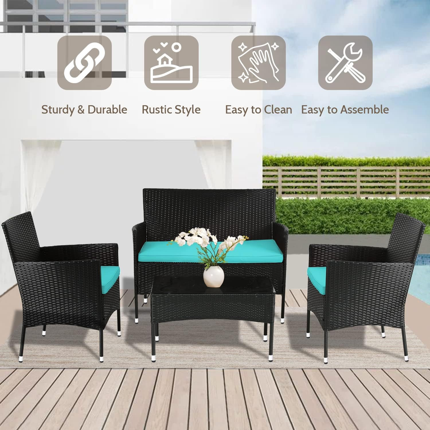 Stylish 4-Piece Rattan Patio Set with Loveseat, Coffee Table & Blue Cushions
