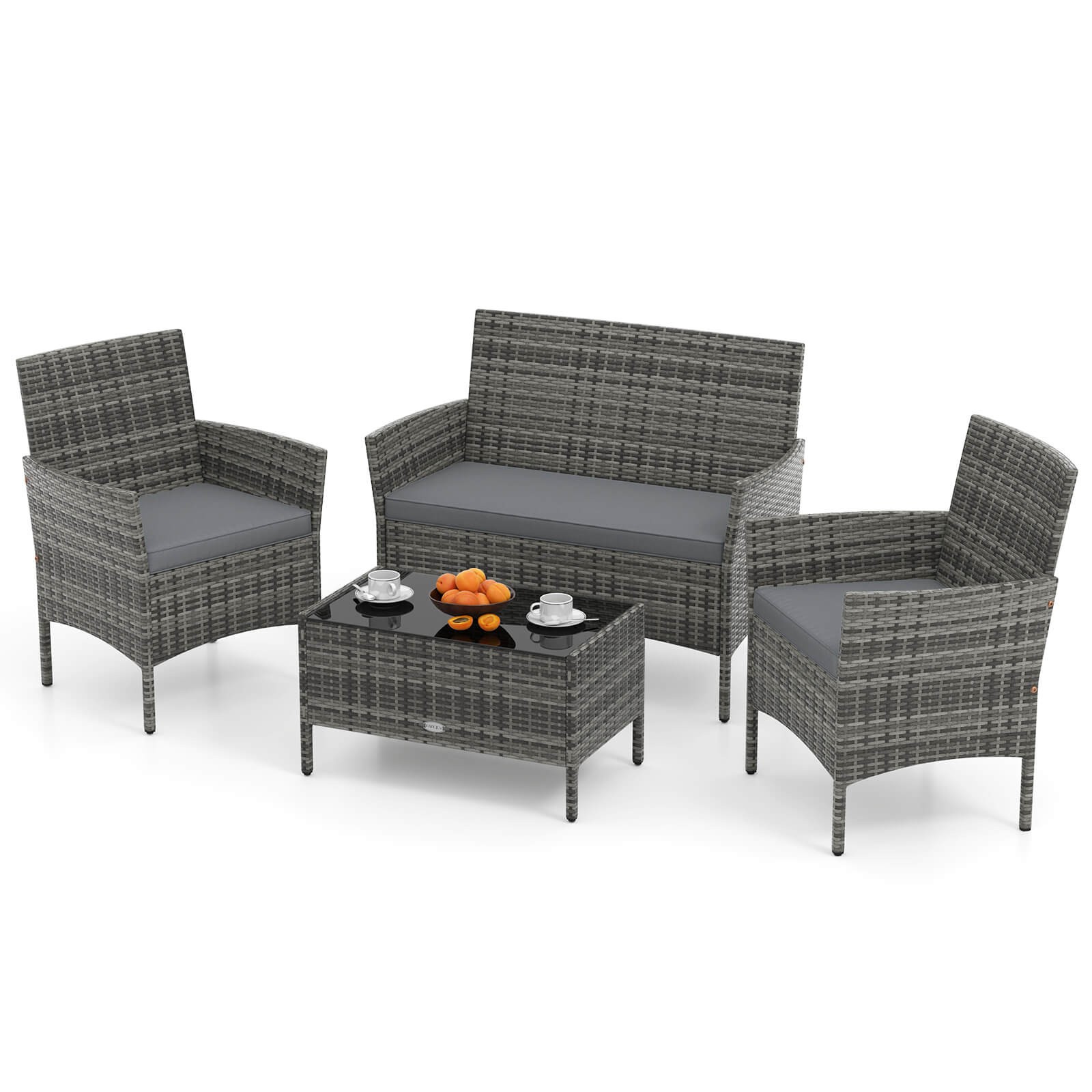 4 PCS Patio Furniture Set w/Washable Cushions and Tempered Glass Coffee Table