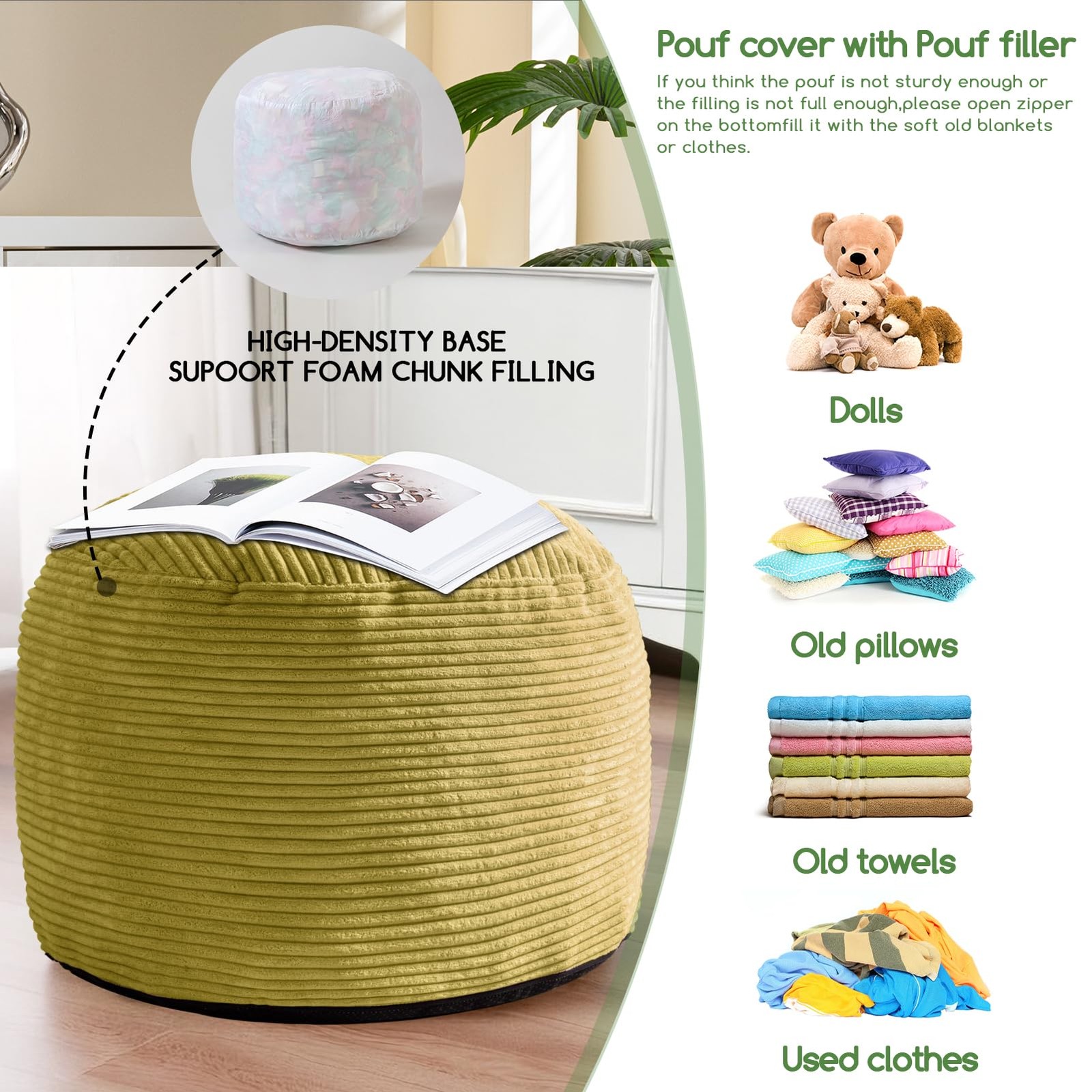 HIGOGOGO Round Stuffed Pouf Ottoman, Corduroy Poufs with Foam 20 inch, Green