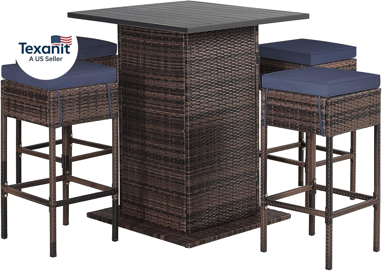 5-Piece Outdoor Bar Set, Wicker Rattan Bar Height Patio Set W/4 Cushion Bar Stoo