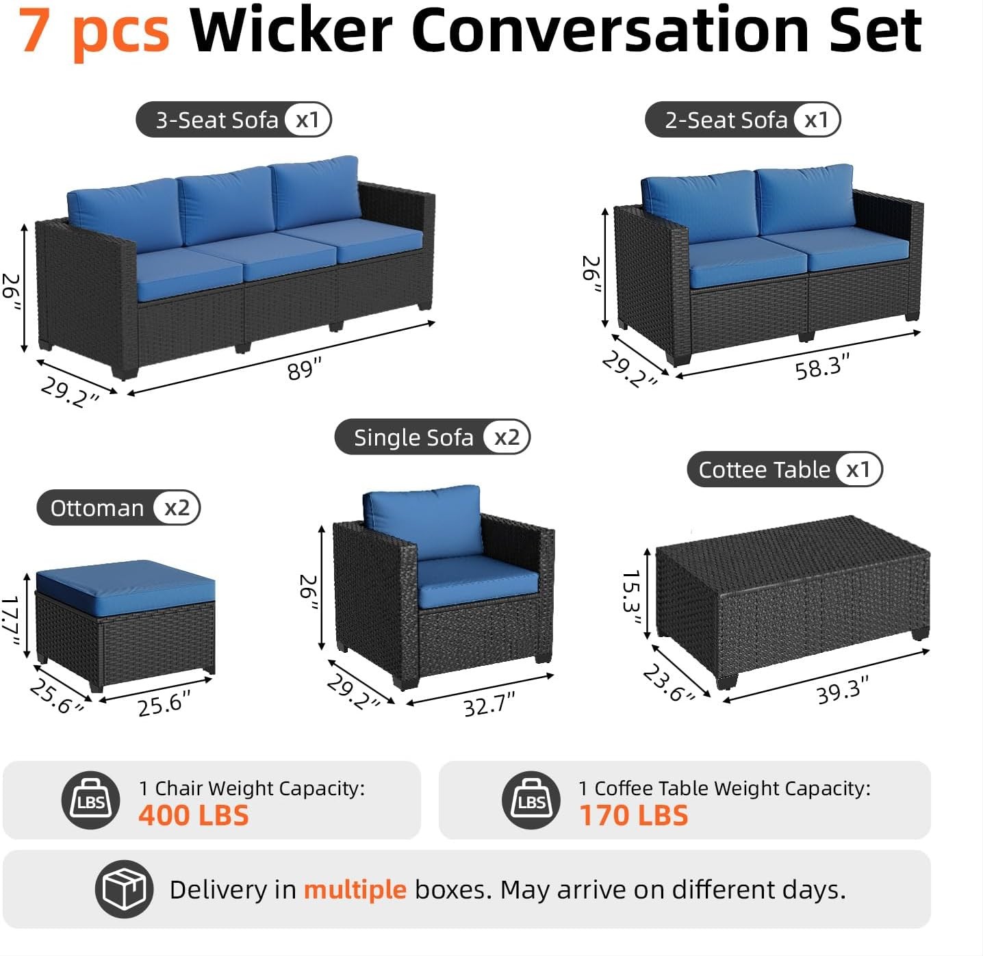 6 / 7-Piece Patio Furniture Sets Rattan Sofa Set Storage Coffee Table Black Blue