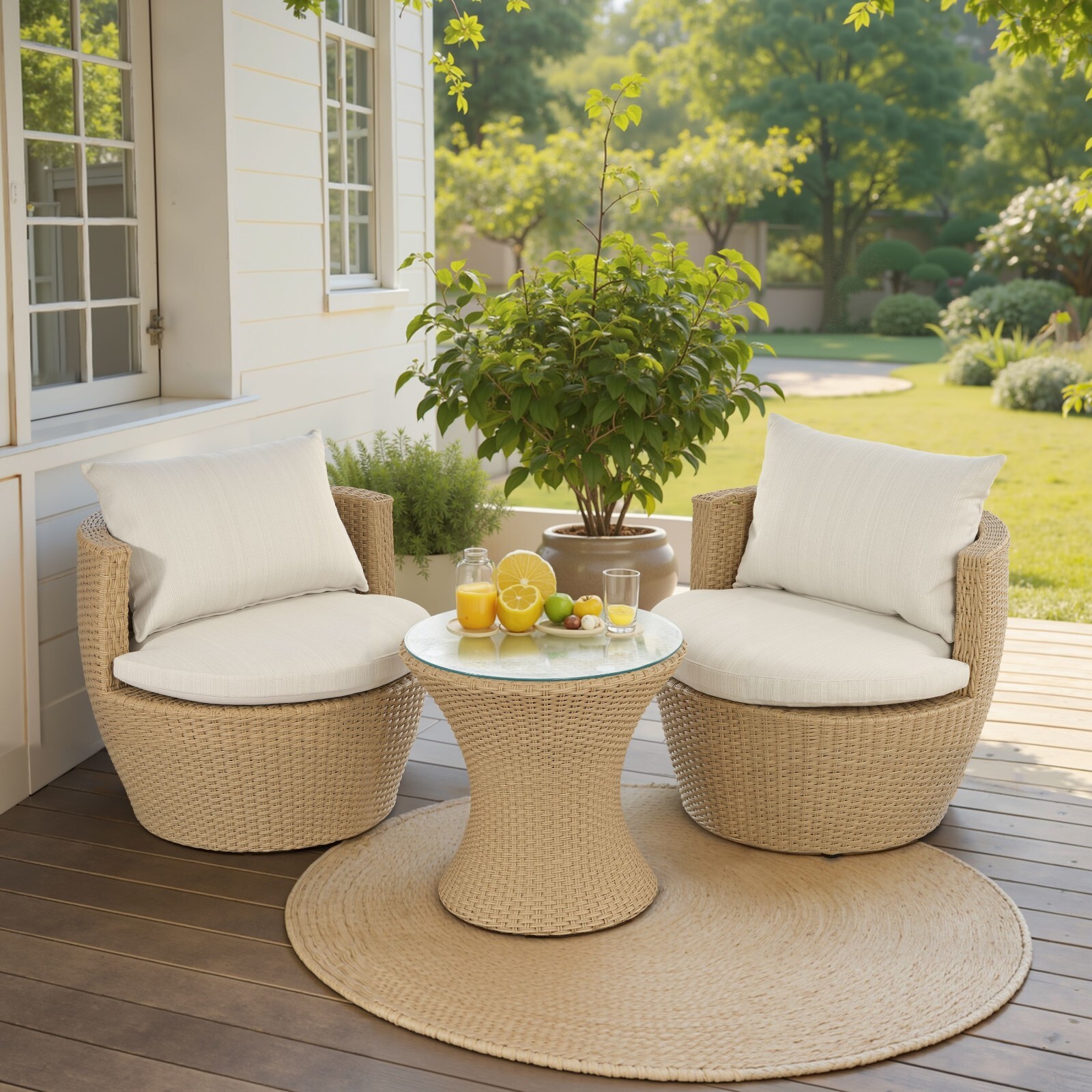 3 Piece Outdoor Boho Chat Set Table & 2x Club Chair Set