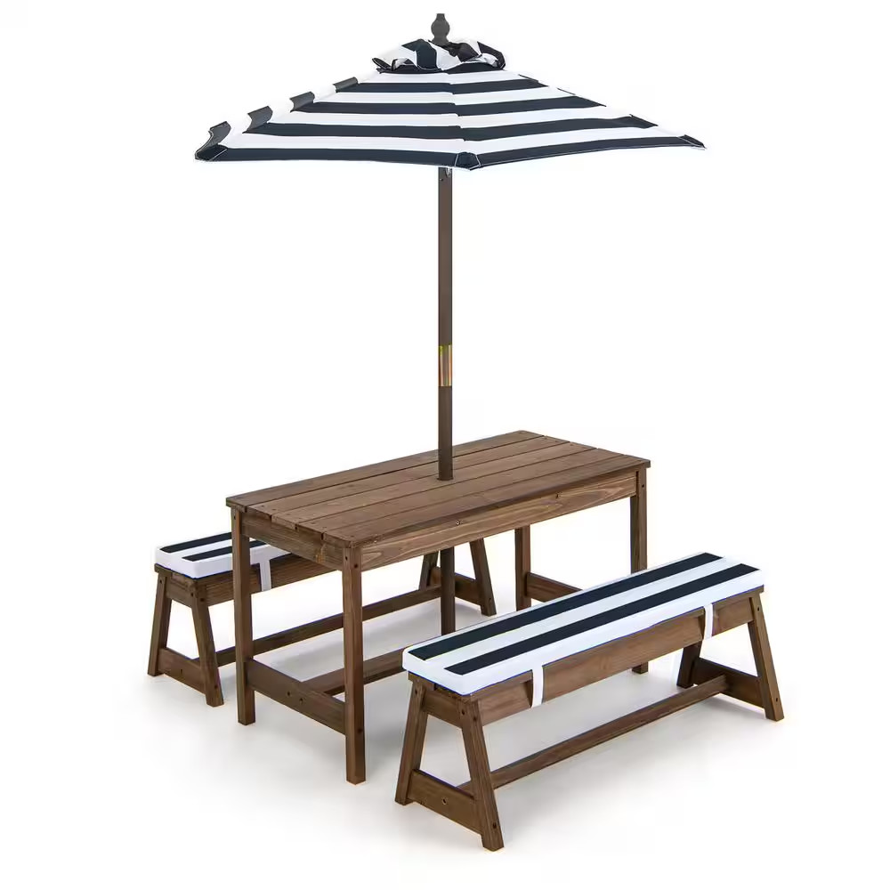 Wooden Top Blue Kids Wood Picnic Table and Bench Set W/Cushions Umbrella for Ind