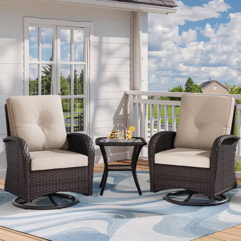 3-Pieces Deep Brown Wicker Outdoor Rocking Chairs Patio Conversation Set with Be