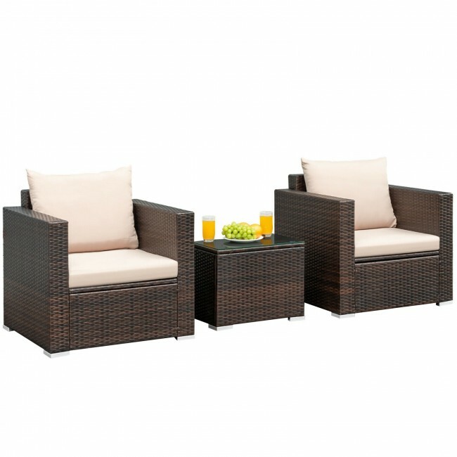 3 PCS Patio Rattan Furniture Set Conversation Wicker Sofa W/ Coffee Table Beige