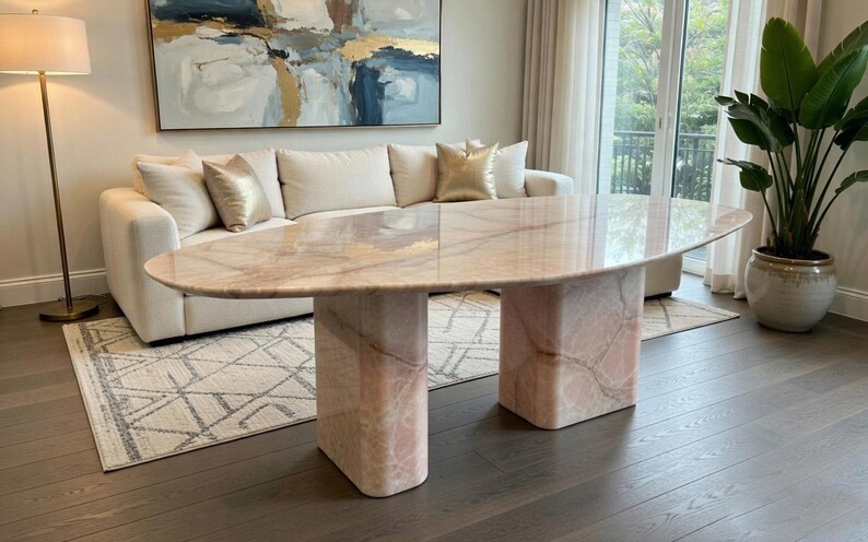 Rose Pink Onyx Coffee Table, Fluted Stone Center Table, Plinth Base, Luxury Deco