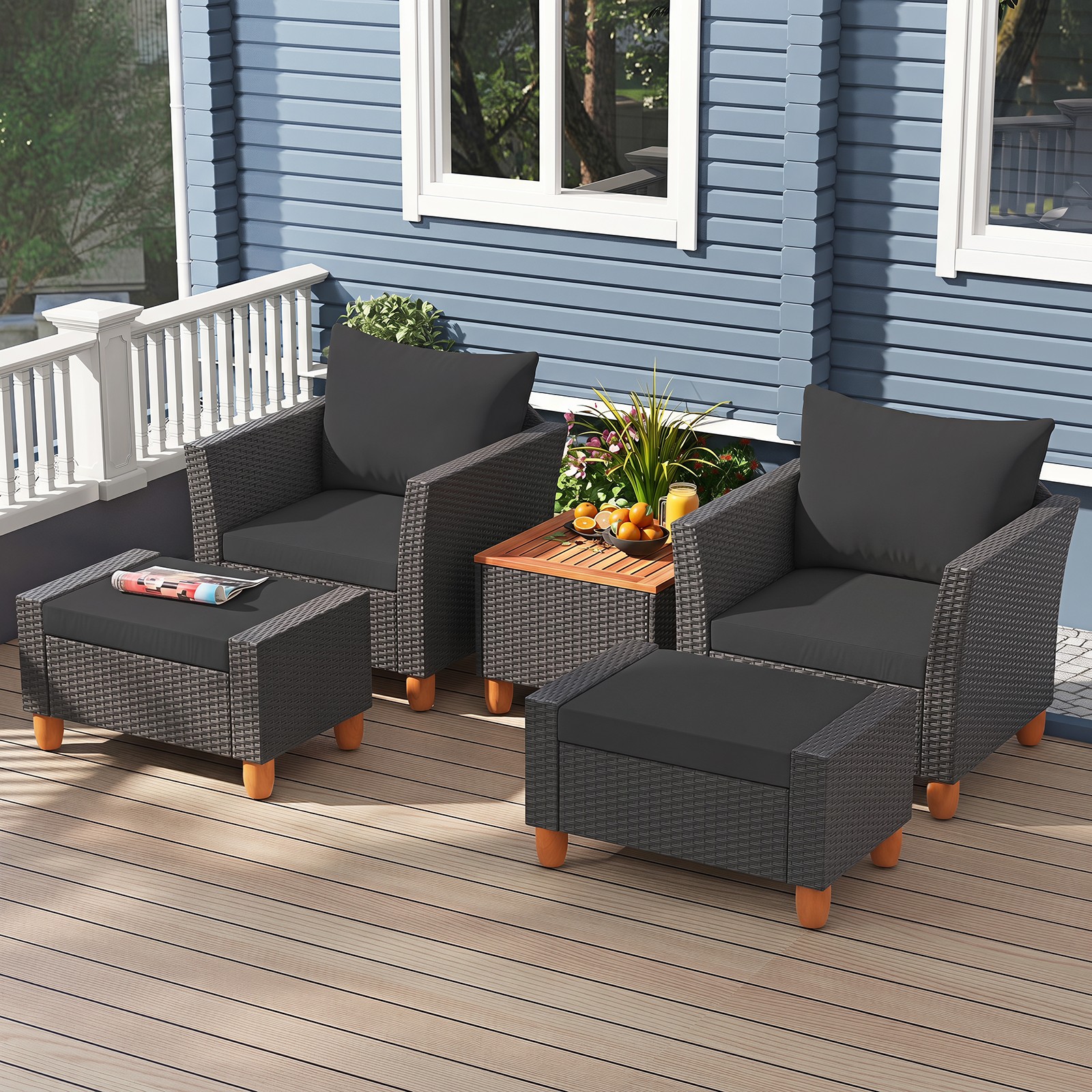 5 PCS Patio Furniture Set w/ Storage Table Ottomans Soft Pillows and Cushions