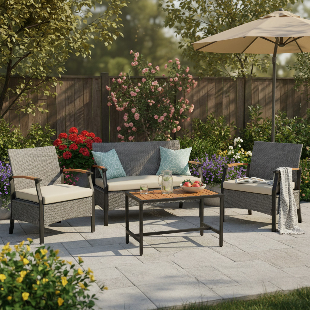Wooden Armrests Outdoor Patio Furniture Conversation Set with Rattan Wicker Look