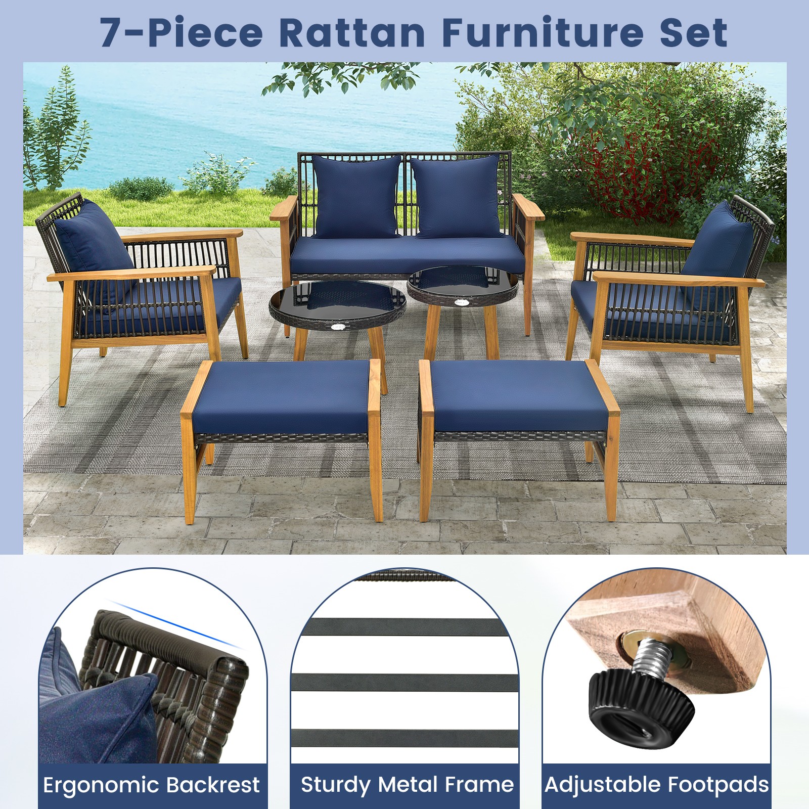 7 Piece Conversation Set Rattan Woven Chair Set w/ 2 Coffee Tables & 2 Ottomans