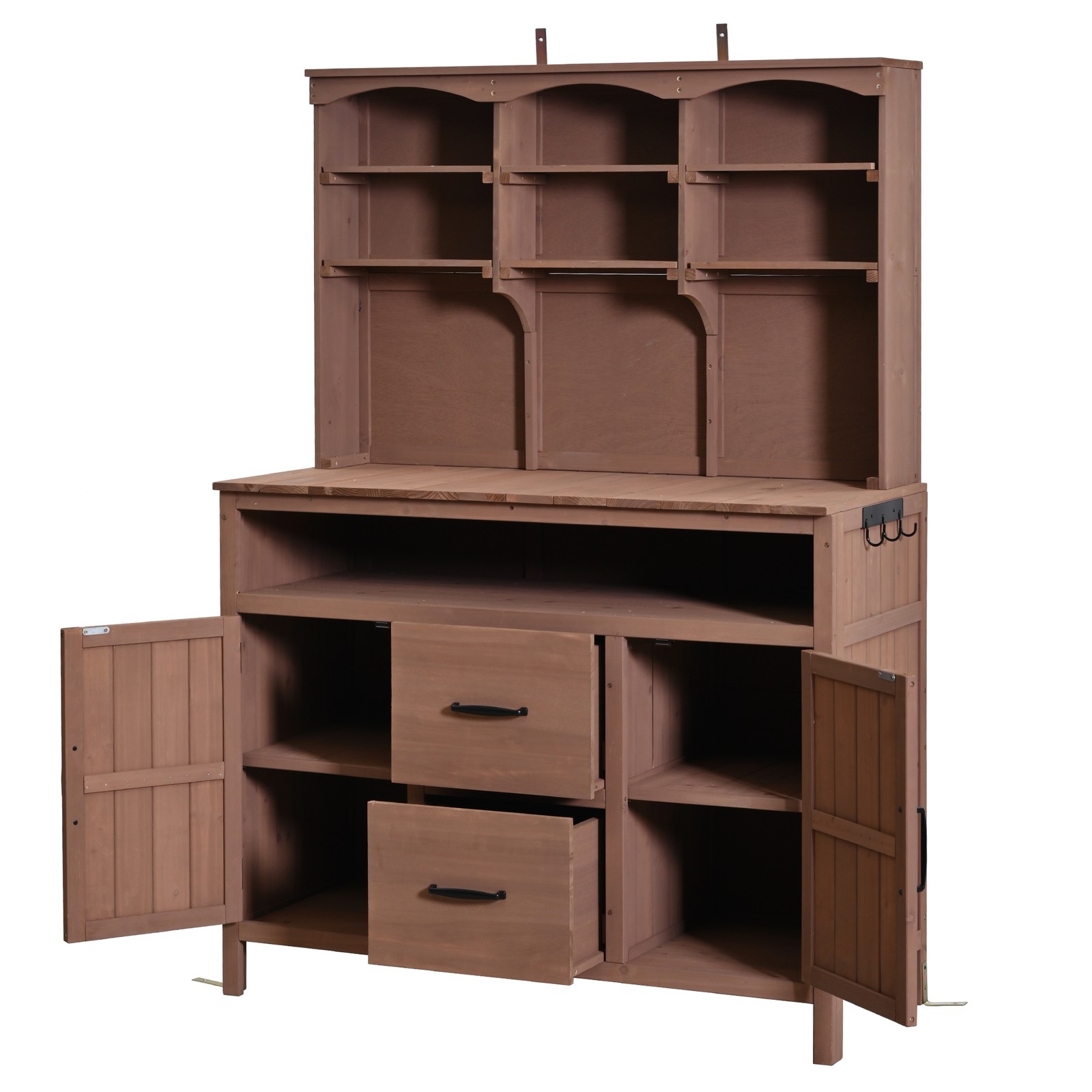 Large Fir Wood Potting Bench with Hutch & Drawers, Rustic Brown Outdoor