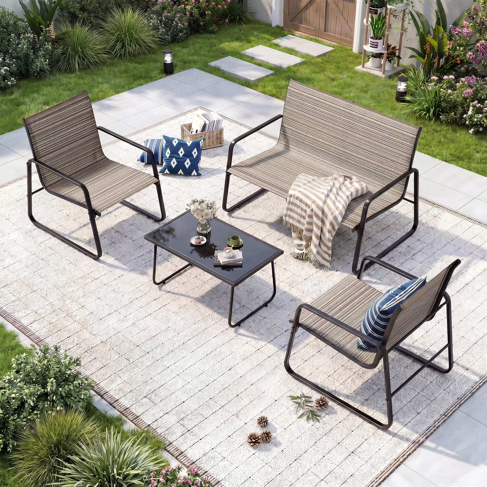 4 Pieces Outdoor Furniture Set All Weather Textile Fabric Patio Conversation Set
