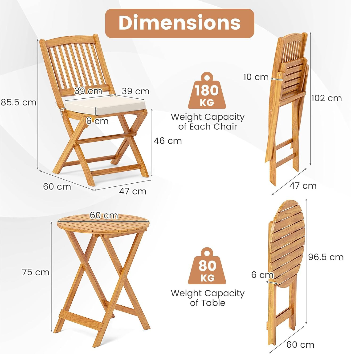 Giantex 3Pcs Patio Bistro Set, Wood Folding Table Set, 2 Cushioned Chairs for Ga
