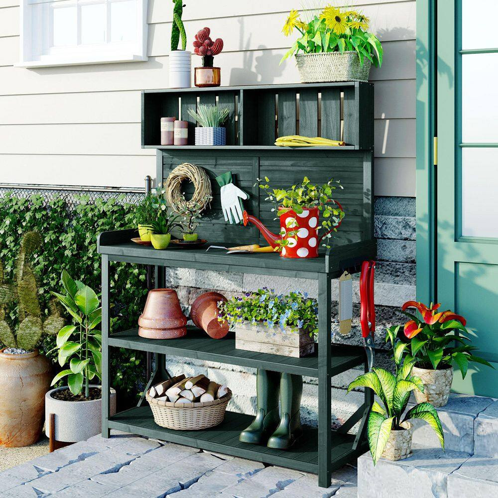 Dark Green Wooden Rustic Outdoor Garden Potting Bench Table Patio Workstation wi