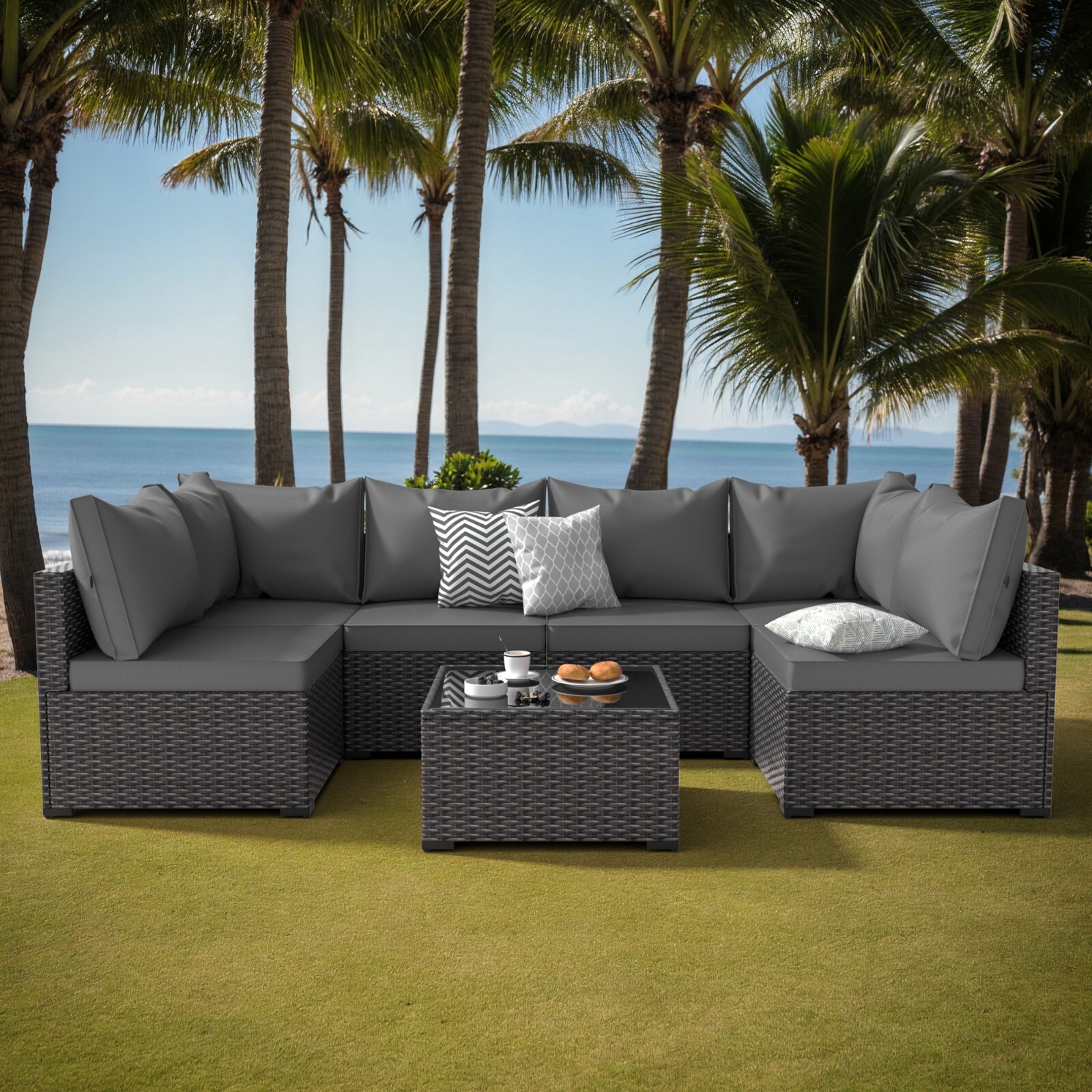 7 Pieces PE Wicker Outdoor Patio Sectional Furniture Set Conversation Couch Seat