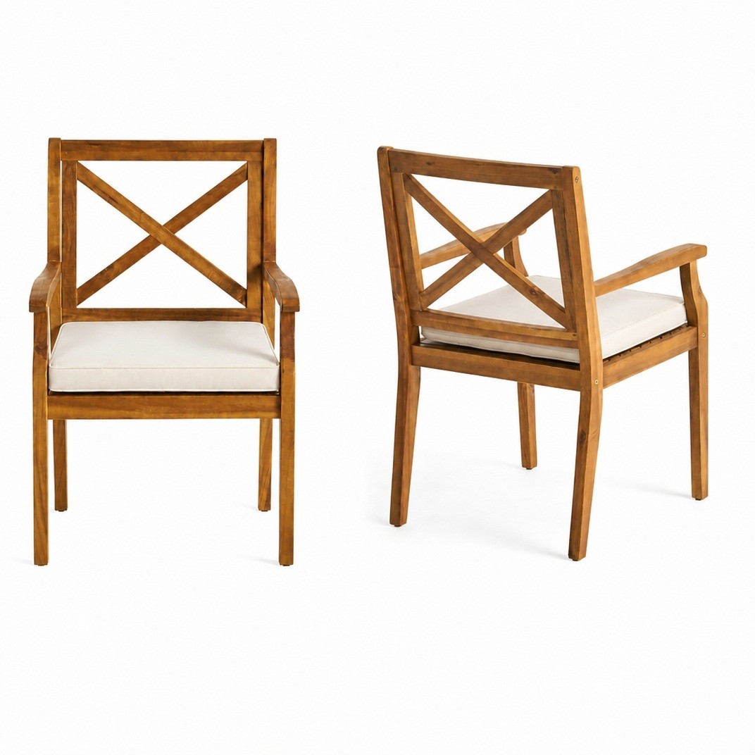 7-Piece Acacia Wood Outdoor Dining Set with Cream Cushions, 6 Chairs 1 Table