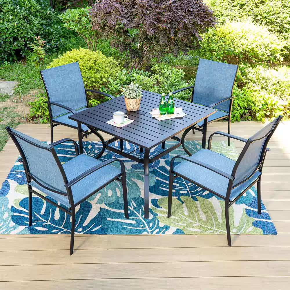 Black 5-Piece Metal Slat Square Table Patio Outdoor Dining Set with Blue Textile