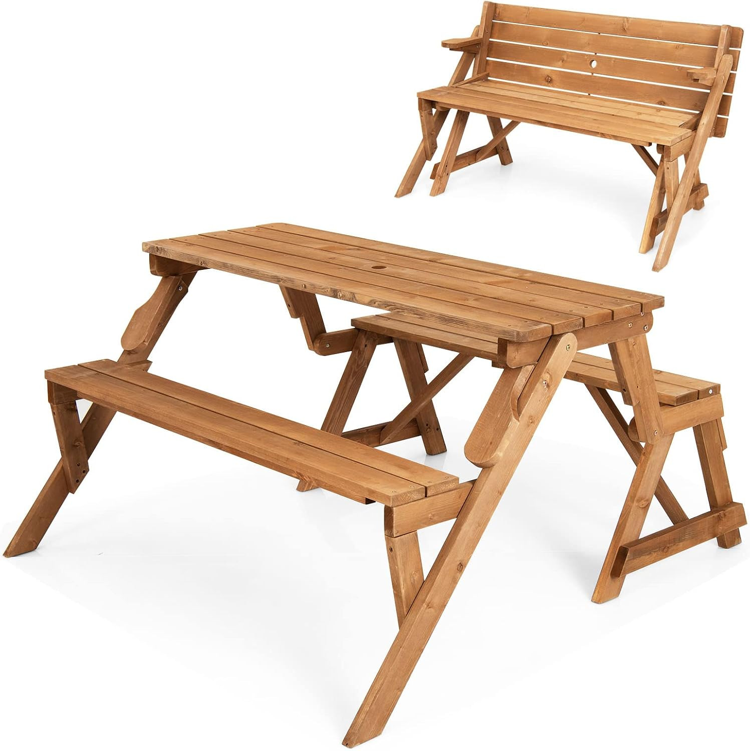Wooden Picnic Table Set, 2 In-1 Folding Picnic Bench Set Transforming Interchang