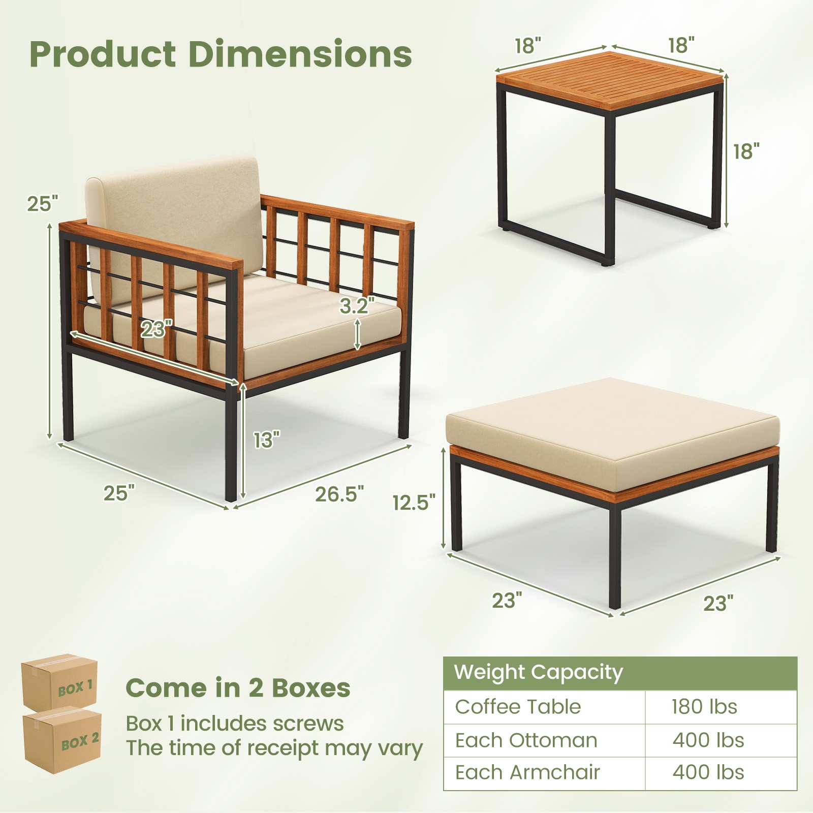 5 PCS Acacia Wood Patio Furniture Set with Ottomans Soft Cushions & Coffee Table