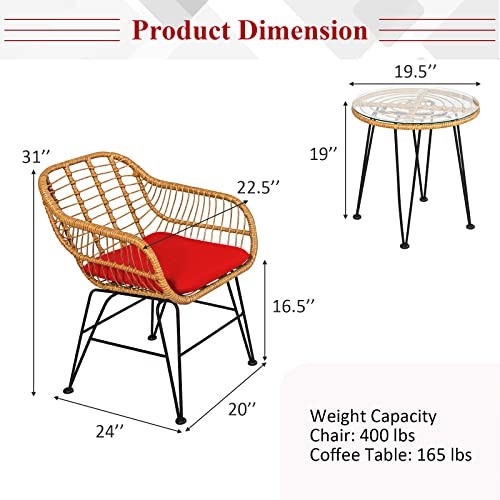 3 Pieces Patio Bistro Set, Rattan Conversation Set with Brownish Yellow – Red