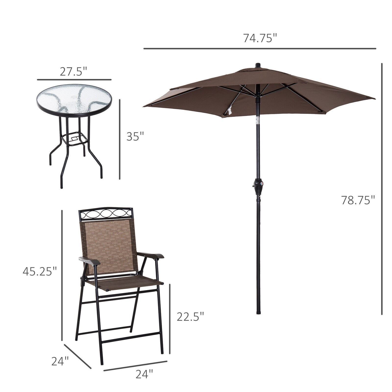 4 Pcs Outdoor Bar Set Patio Dining Set with Folding Chairs & Umbrella Brown