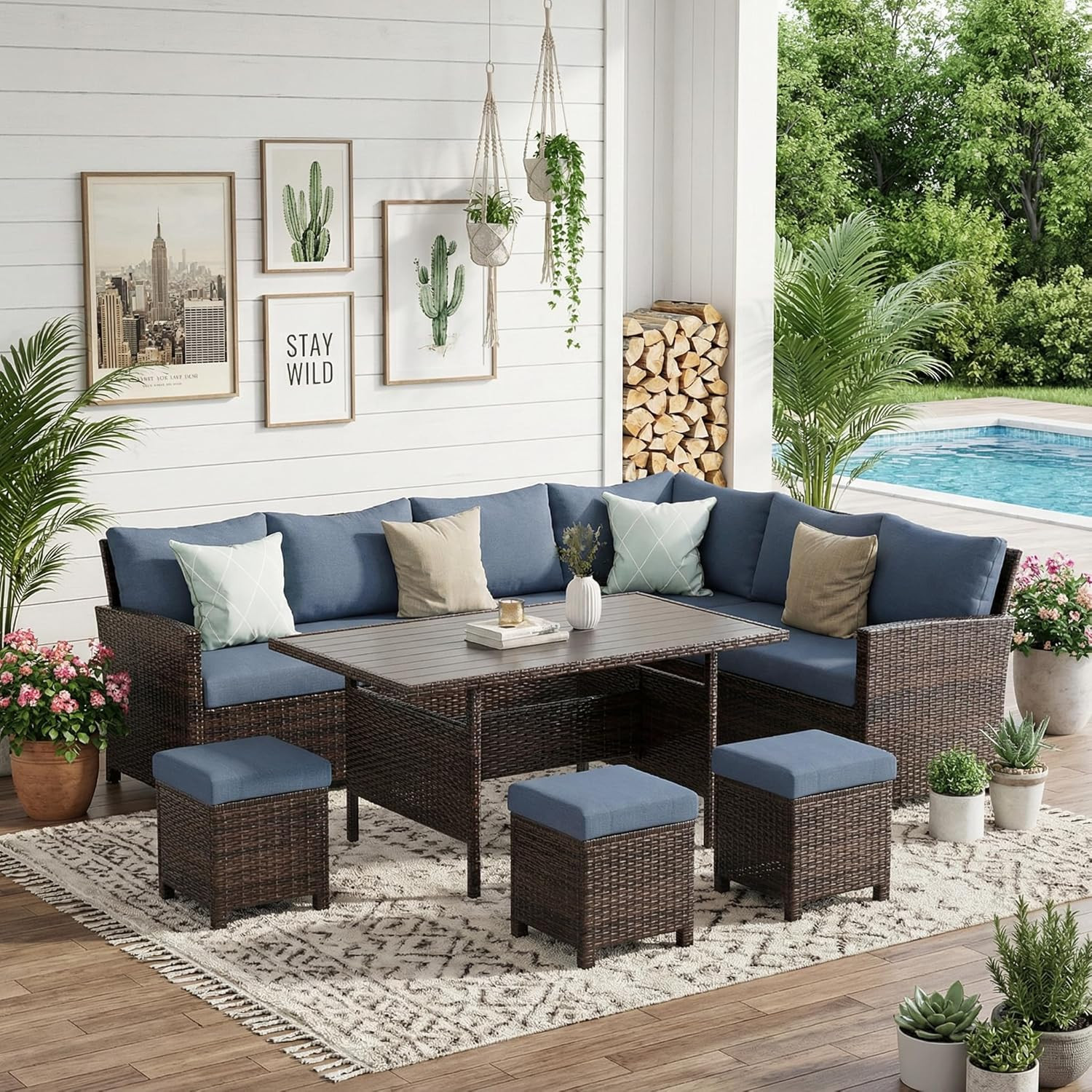 7 Piece Patio Furniture Set, High Curved Back Wicker Patio Sectional, All Weathe