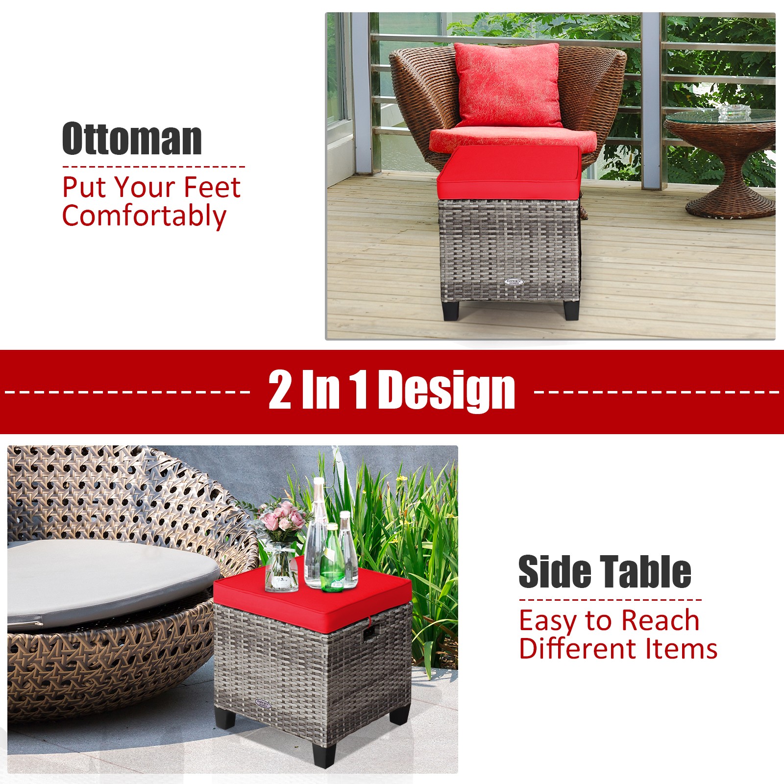 Costway 2PCS Patio Rattan Cushioned Ottoman Seat Foot Rest Table Red