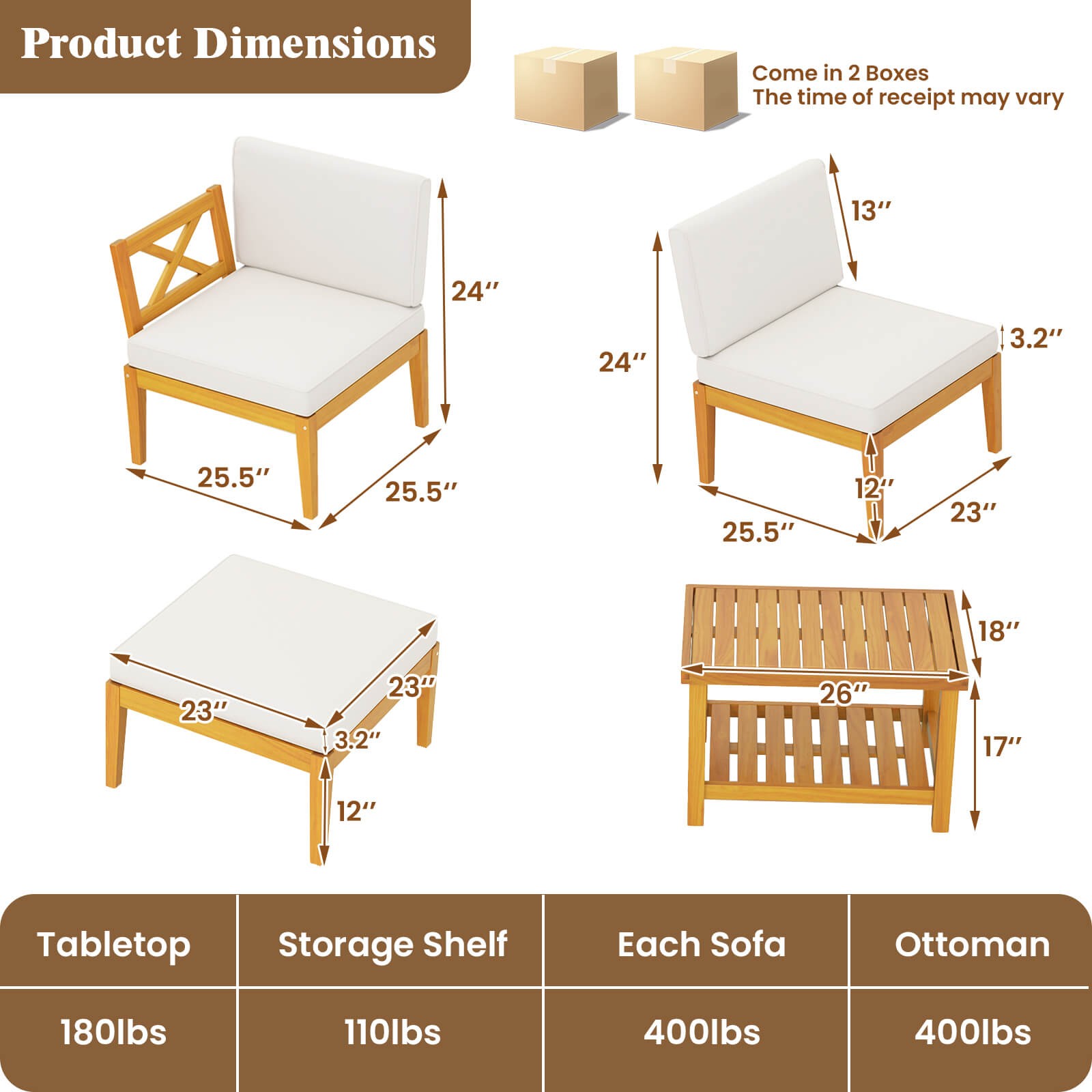 5 PCS Acacia Wood Patio Chaise Lounge Chair Set w/ 2-Tier Coffee Table Cushions