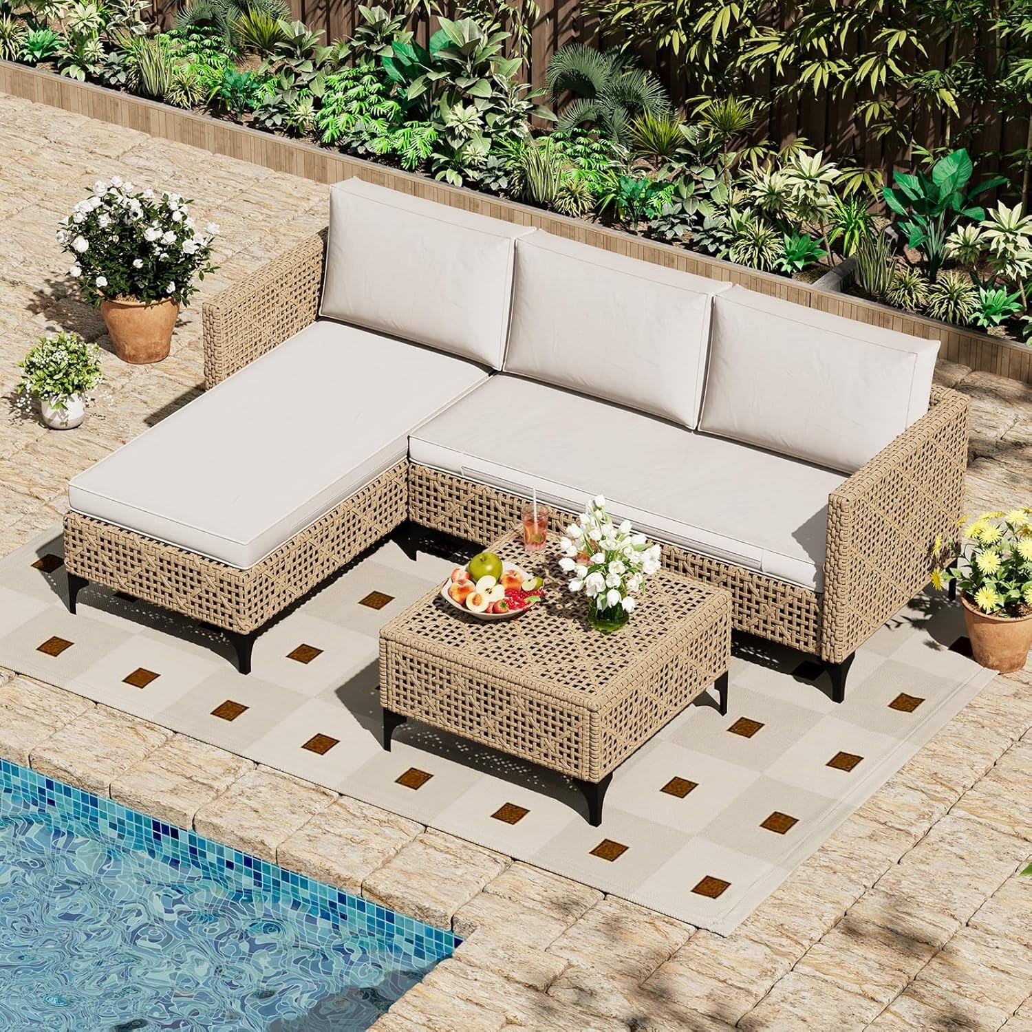 3-Piece Wicker Patio Sectional Set w/ Cushions & Coffee Table, Weatherproof