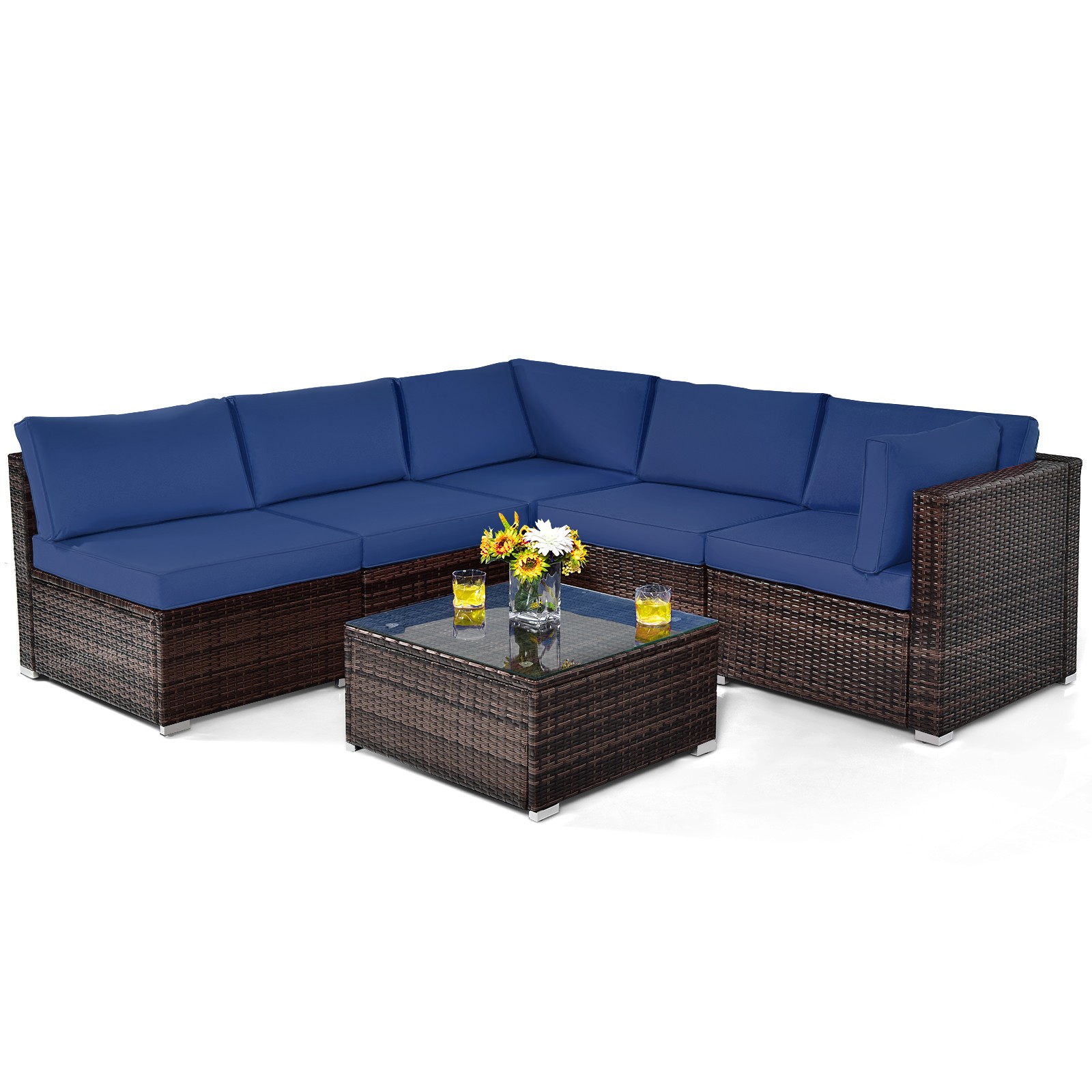 Costway 6PCS Patio Rattan Furniture Set Cushioned Sofa Coffee Table Navy