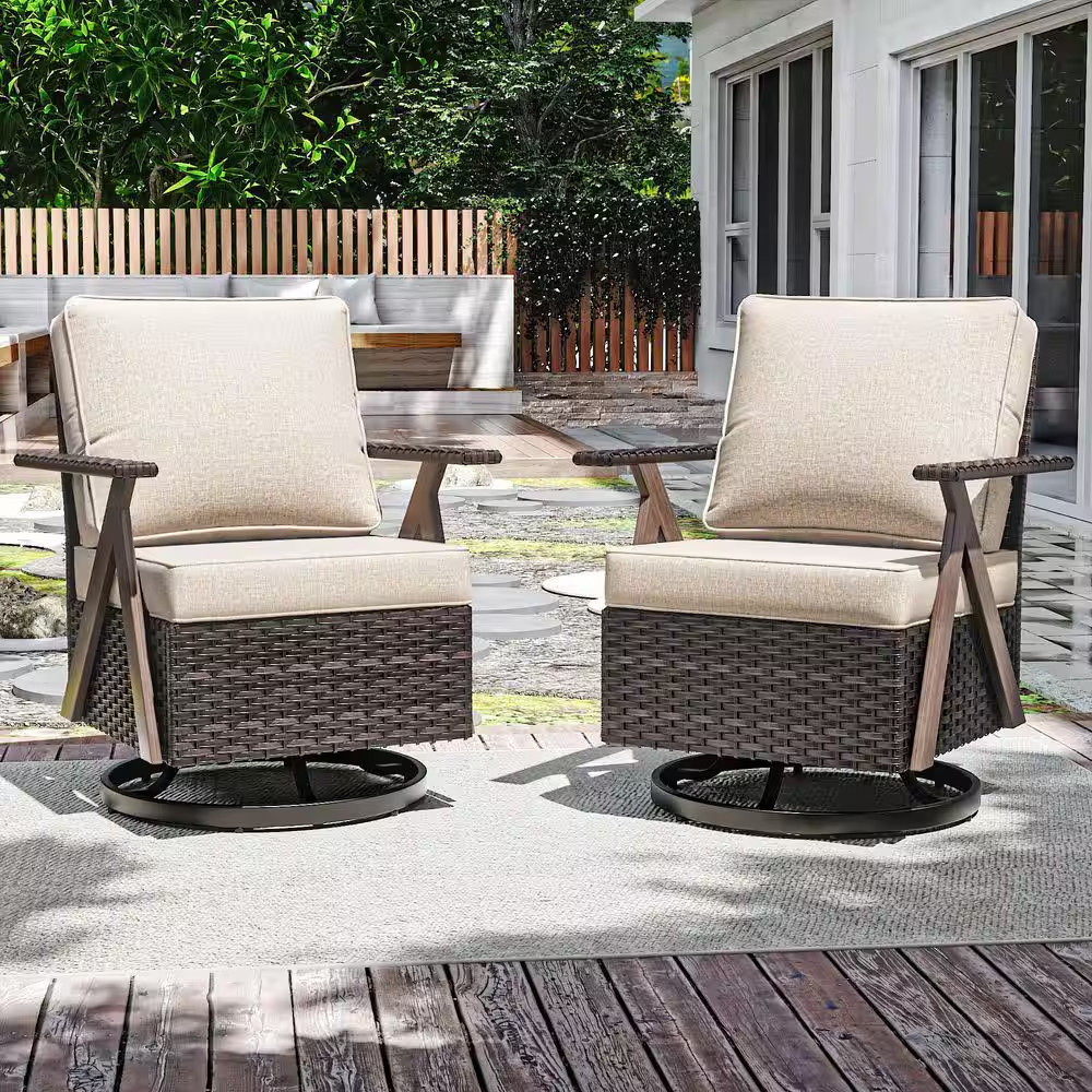 R-Shaped Armrest Brown Wicker Outdoor Rocking Chair Patio Swivel Chair with Beig
