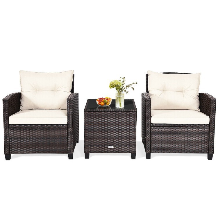 3 Pieces Rattan Patio Furniture Set Outdoor Patio Washable Cushion Coffee Table