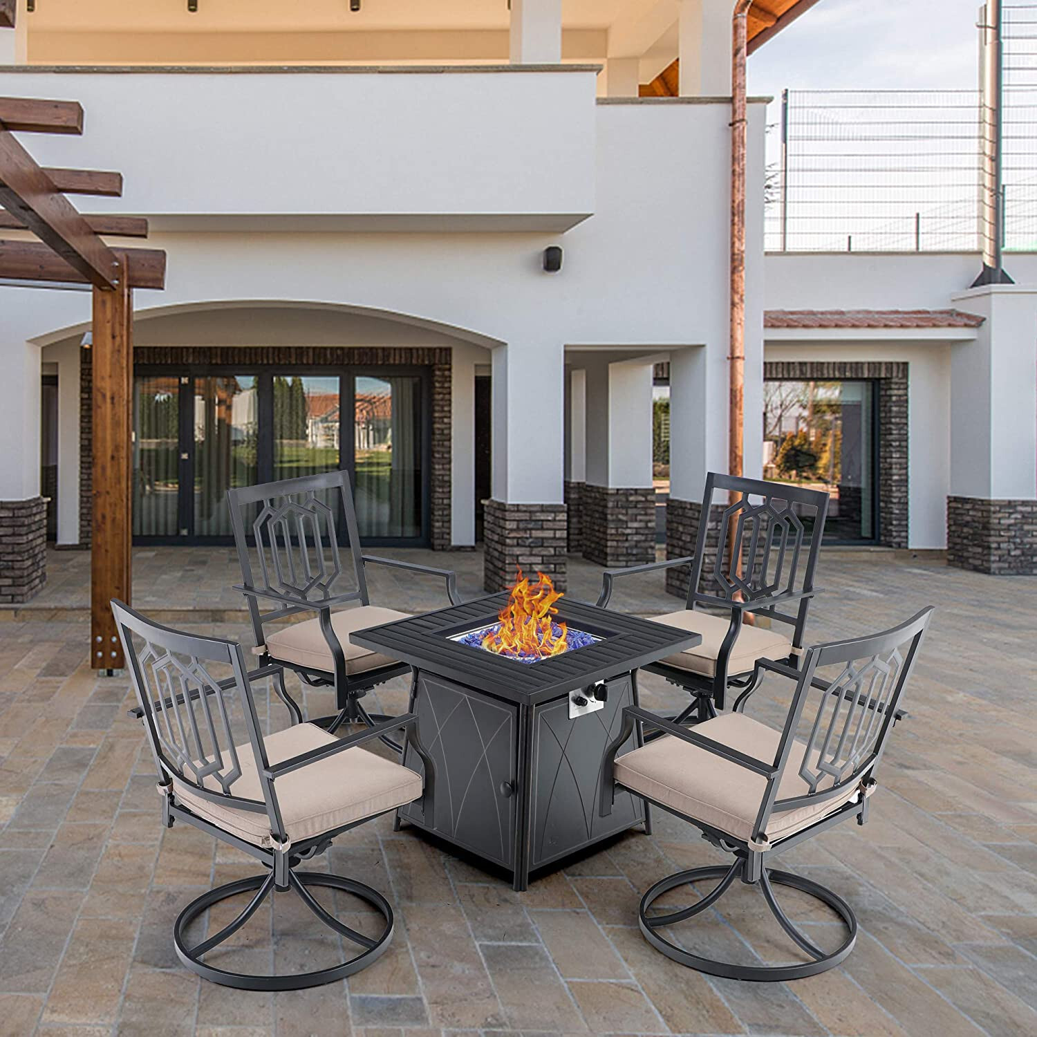 5 PCS Patio Dining Set Gas Fire Pit Table & Swivel Chair Outdoor Furniture Set