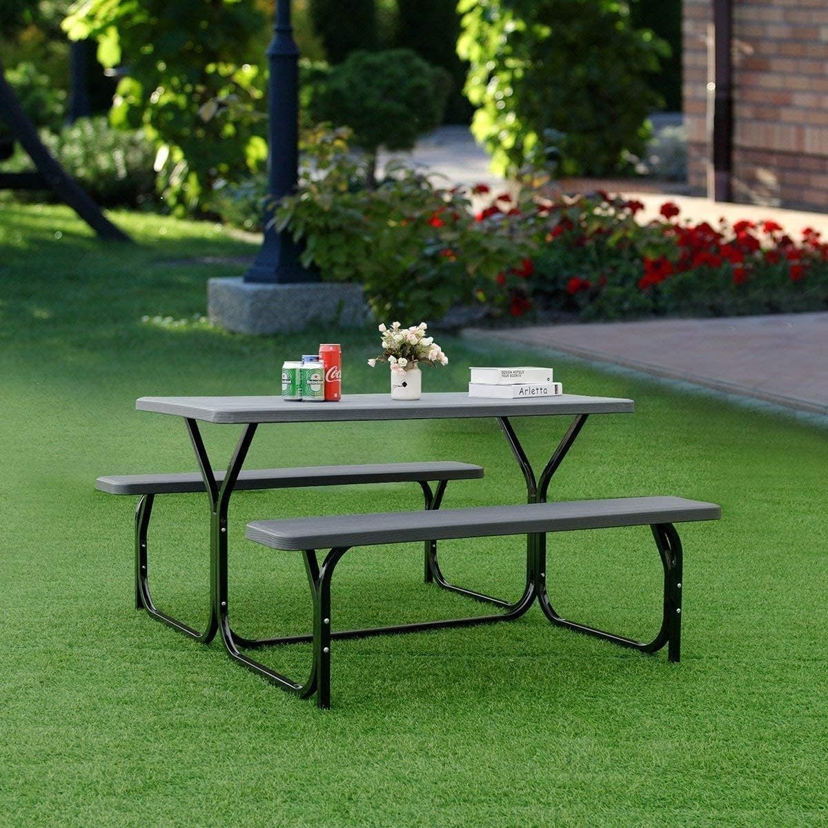 Outdoor Picnic Table Bench Set with Metal Frame & All Weather-Resistant Surface,