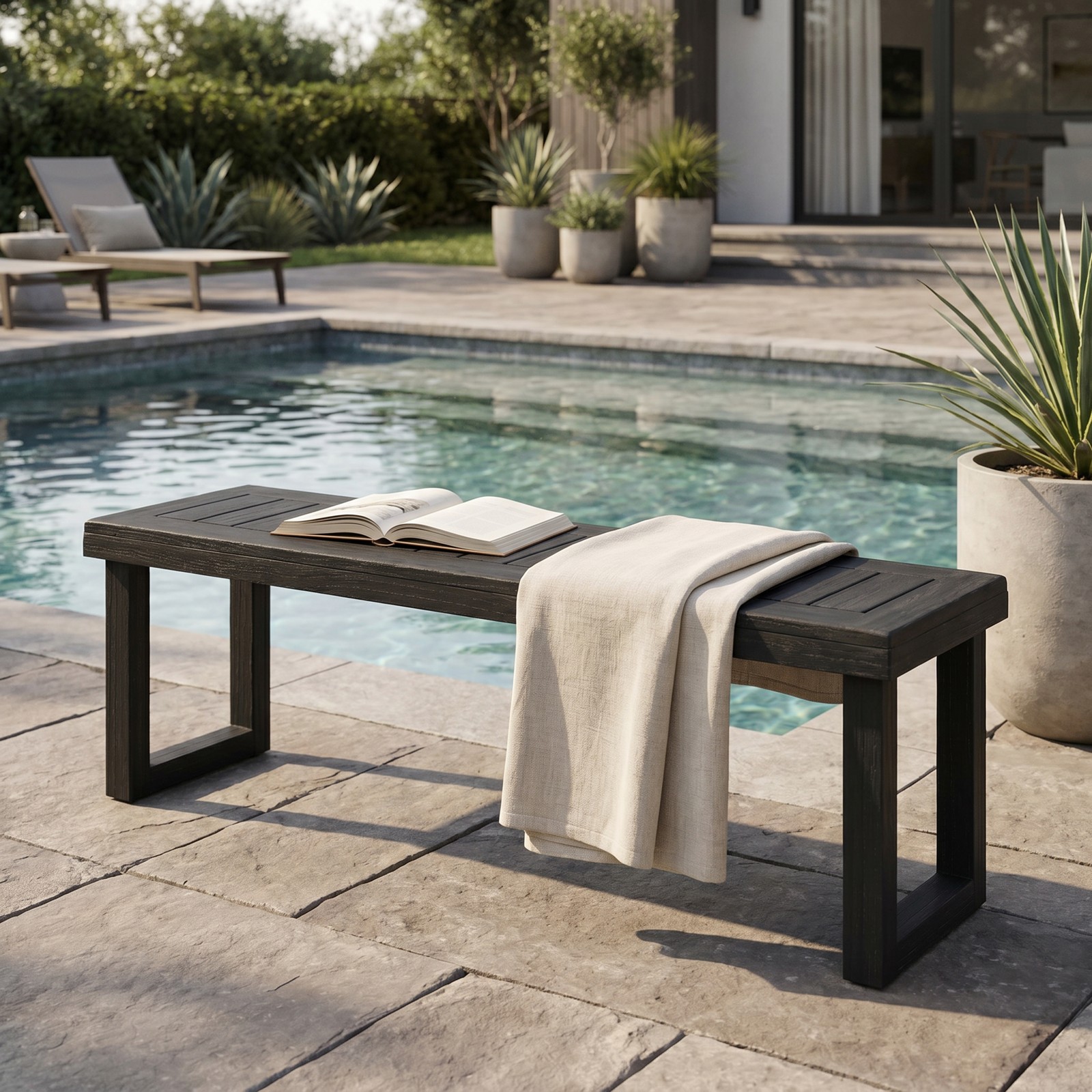 Acacia Wood Outdoor Dining Bench, Dark Grey, 60″W x 18″H