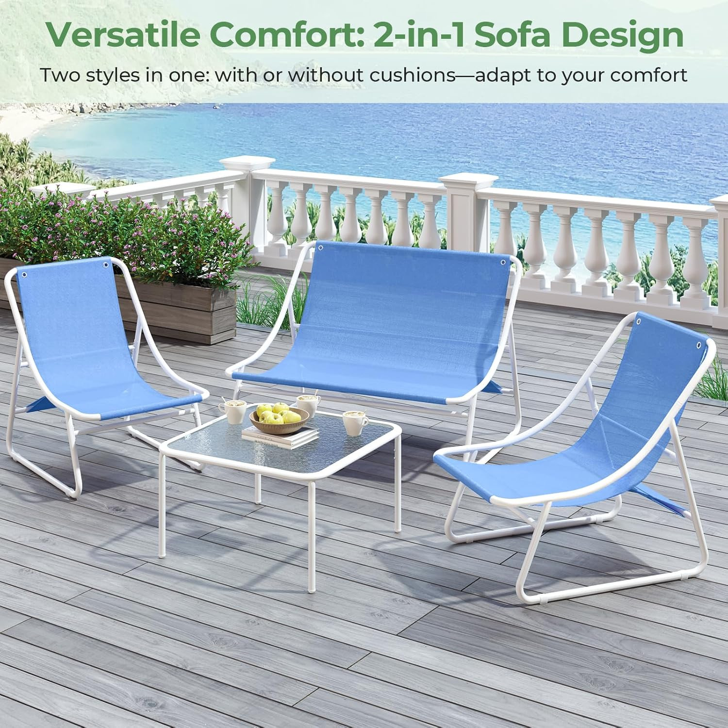 Patio Furniture Set, 4-Piece Outdoor Patio Conversation Set, 2-In-1 Metal Patio