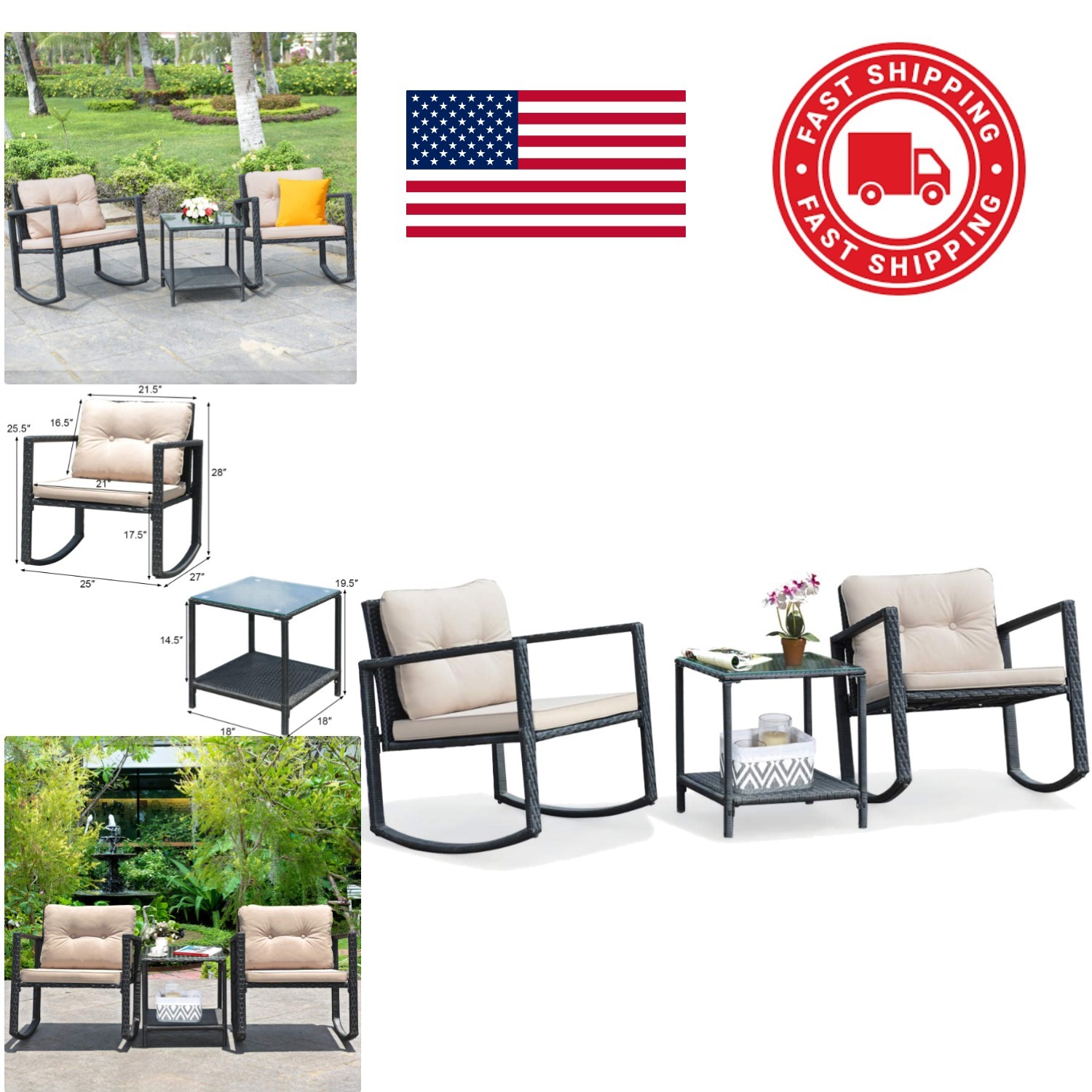 3 Piece Outdoor Wicker Rocking Set with Cushions and Glass Coffee Table Beige