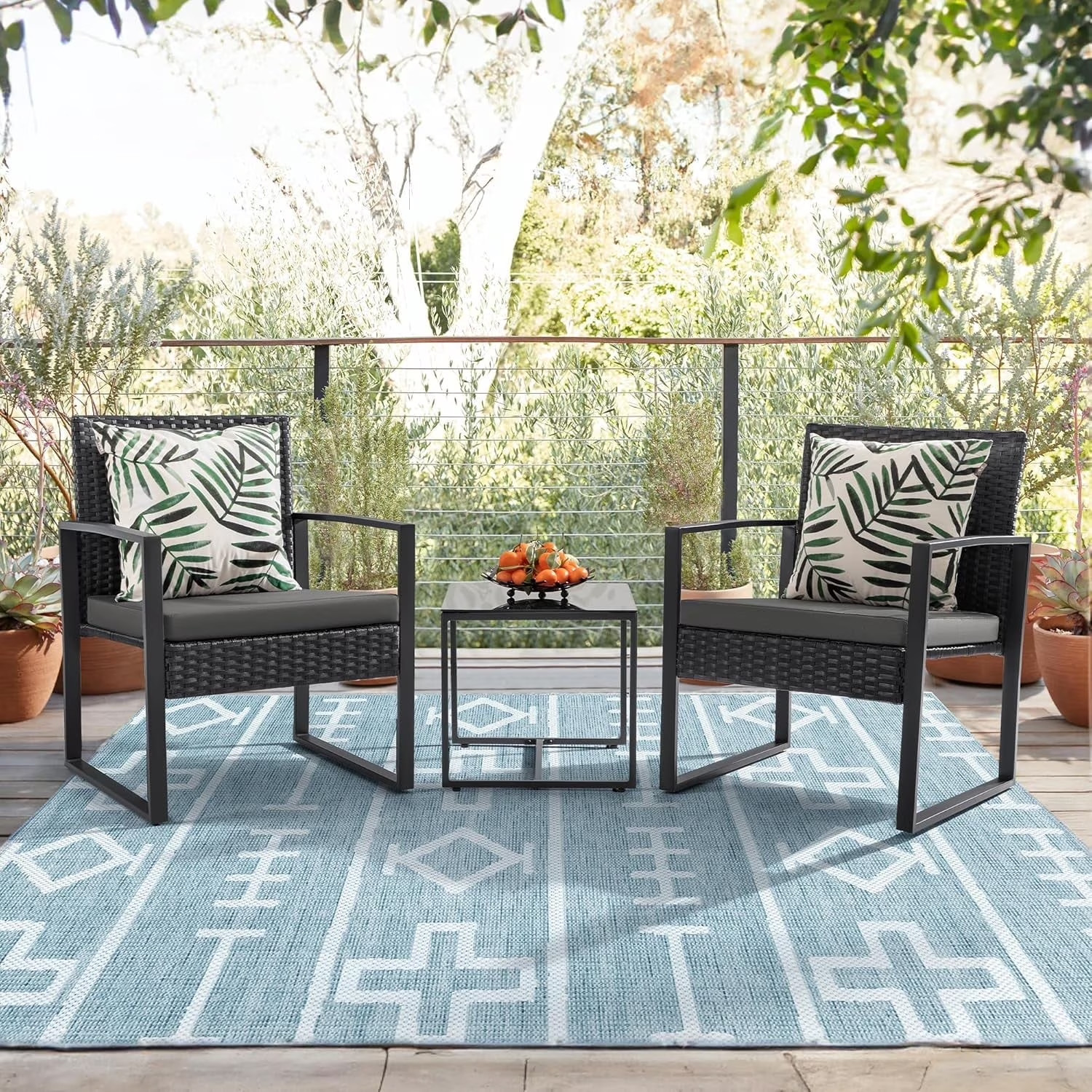 3 Pieces Patio Indoor Conversation Set Cushioned PE Rattan Bistro Chairs Set of