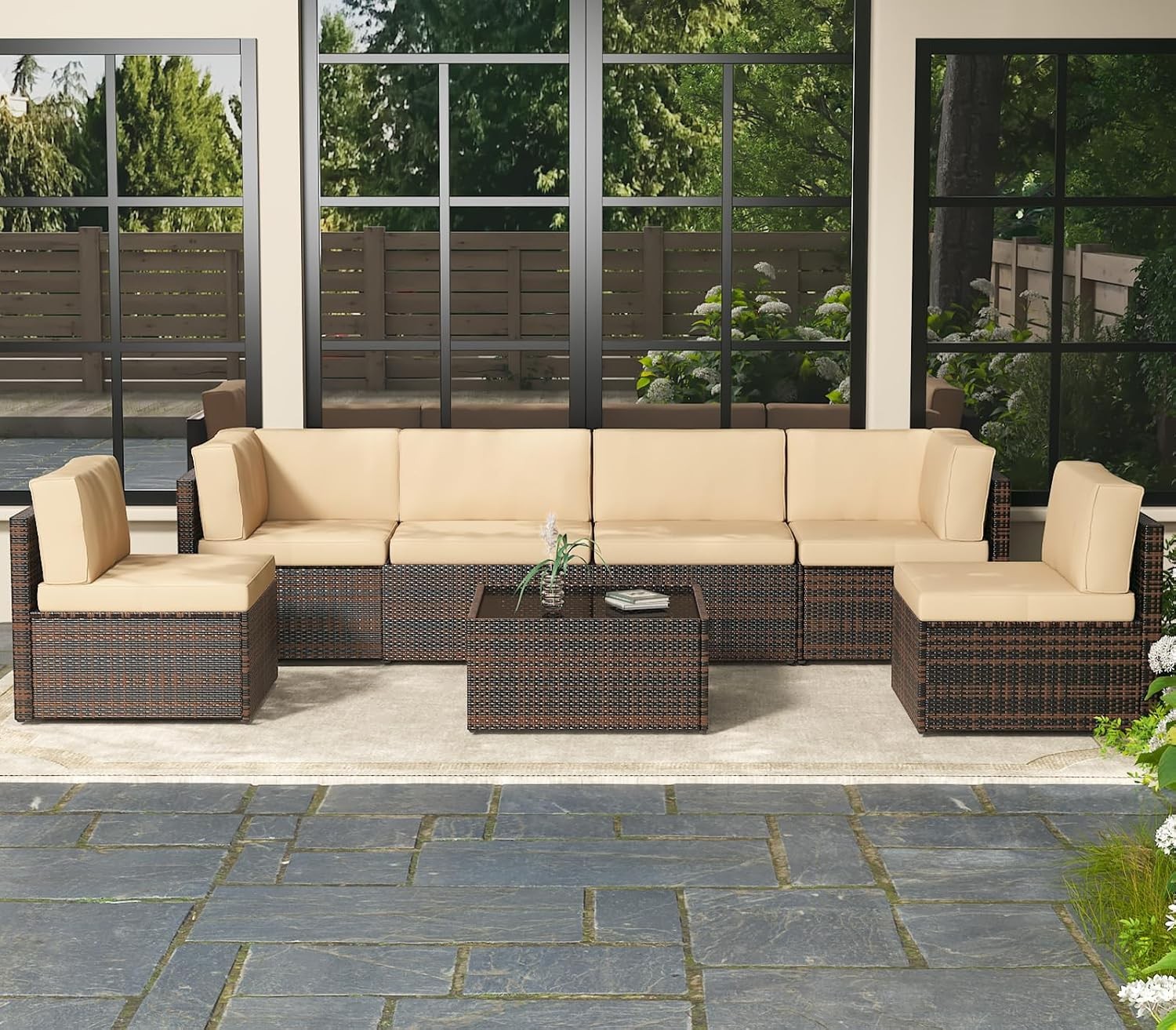 7 Piece Outdoor Furniture Set Patio Sectional Conversation Set with Coffee Table
