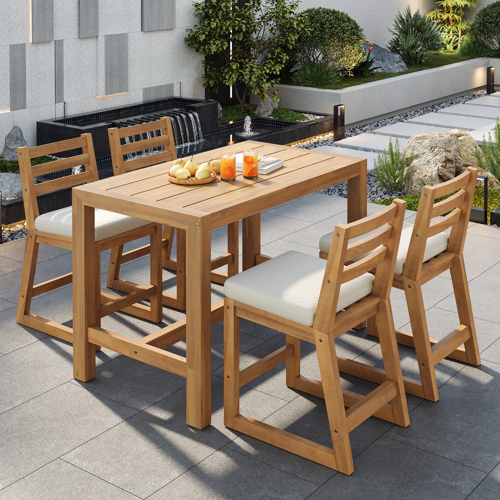5-Piece Acacia Wood Patio Bar Set w/ Beige Cushion, Light Teak Finish