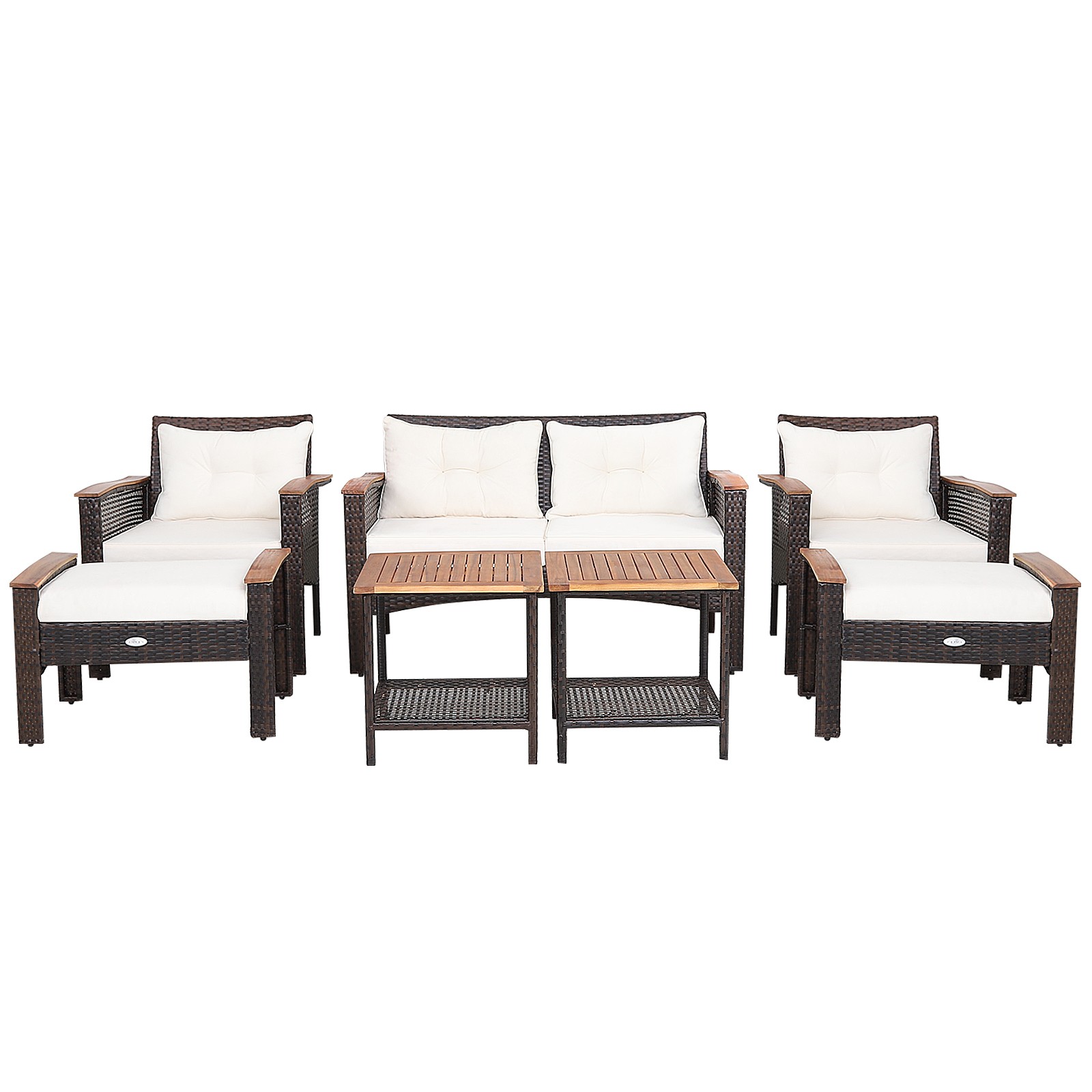 Patiojoy 7 PCS Outdoor Rattan Furniture Set Acacia Wood Patio Conversation Set