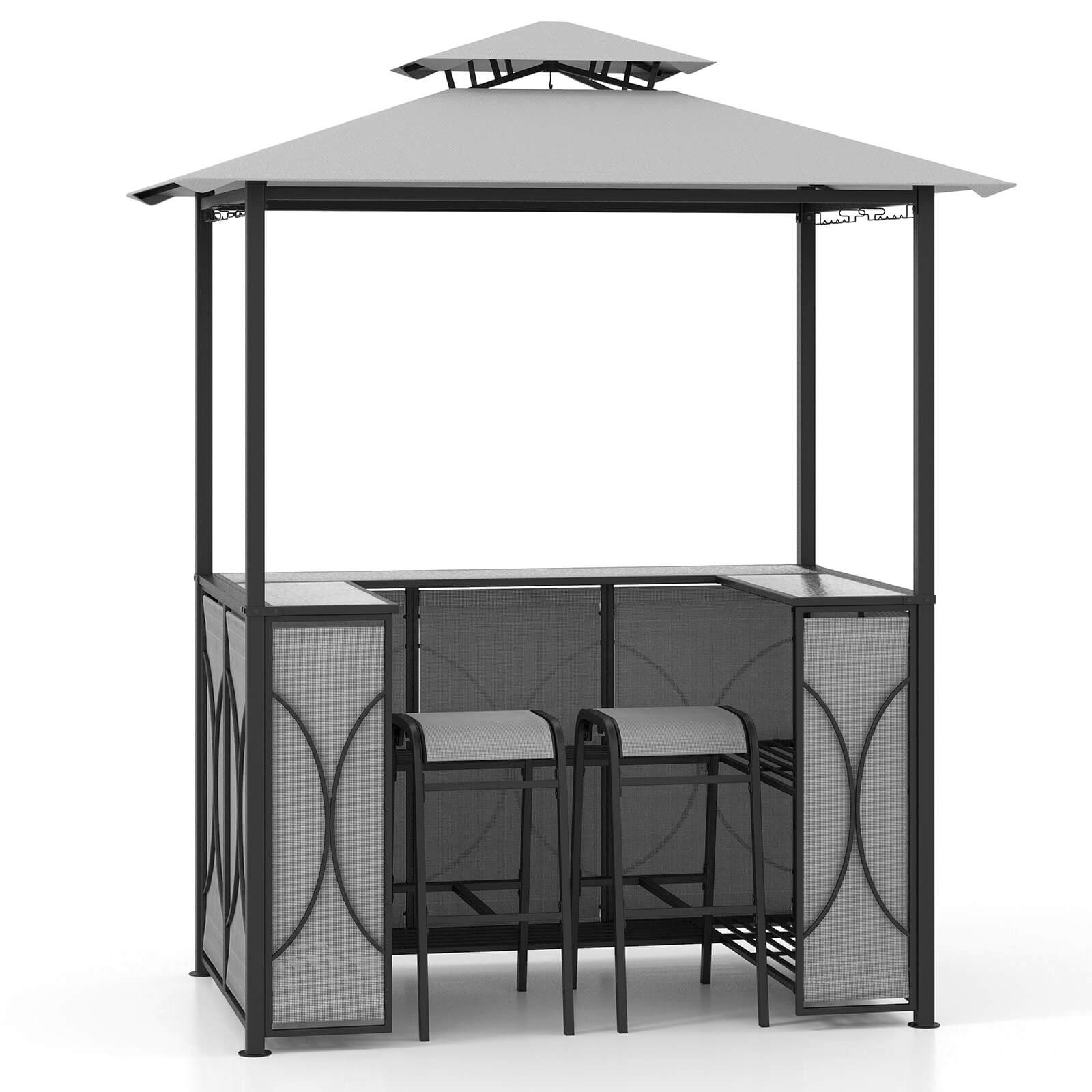 Patio 3 PCS Bar Set w/ Tempered Glass Bar Table Metal Storage Shelves for Garden