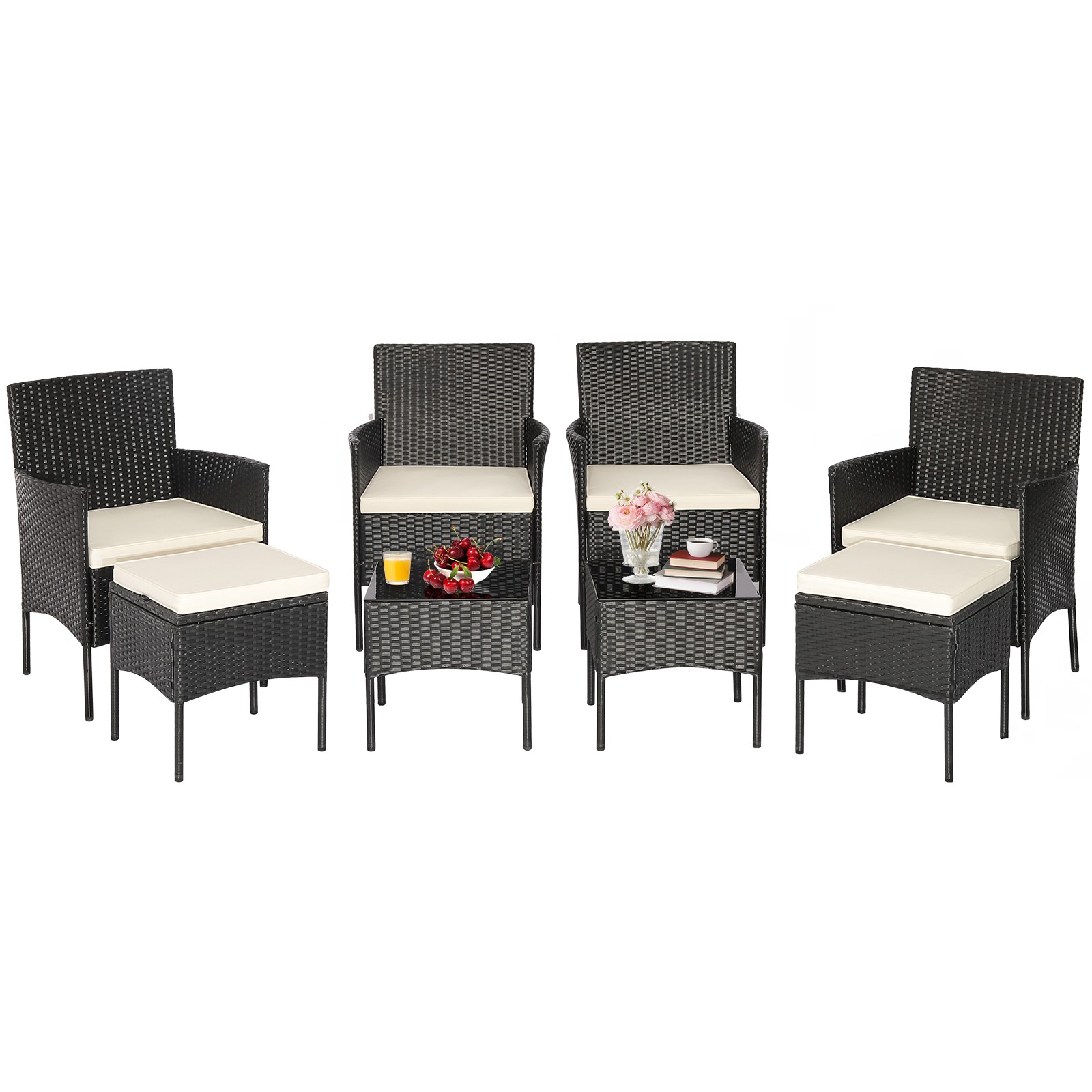 8PCS Patio Rattan Furniture Set Sofas Ottomans Cushioned Table Free Combination