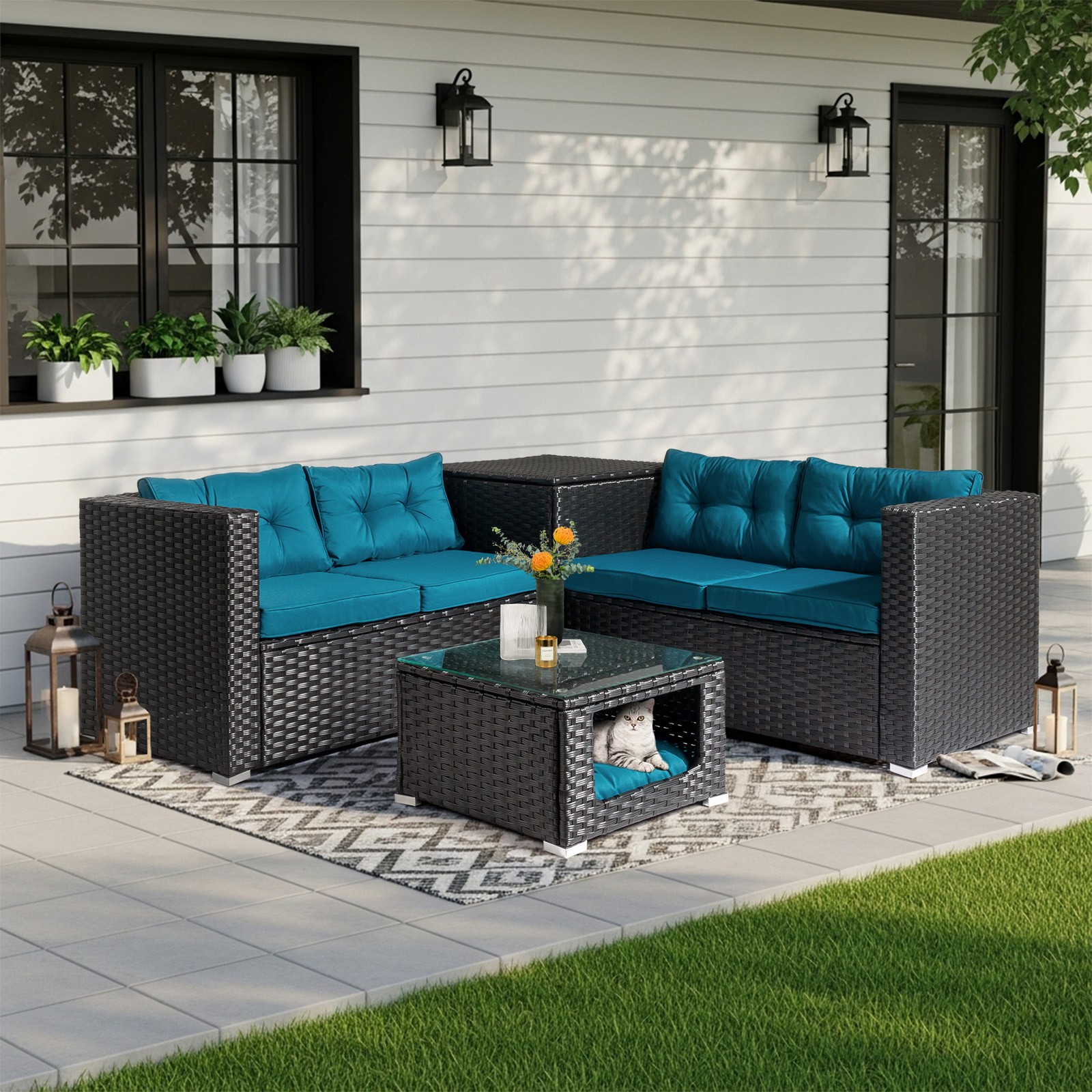 4 Piece Outdoor Patio Rattan Sectional Furniture Chair Set with Pet Coffee Table