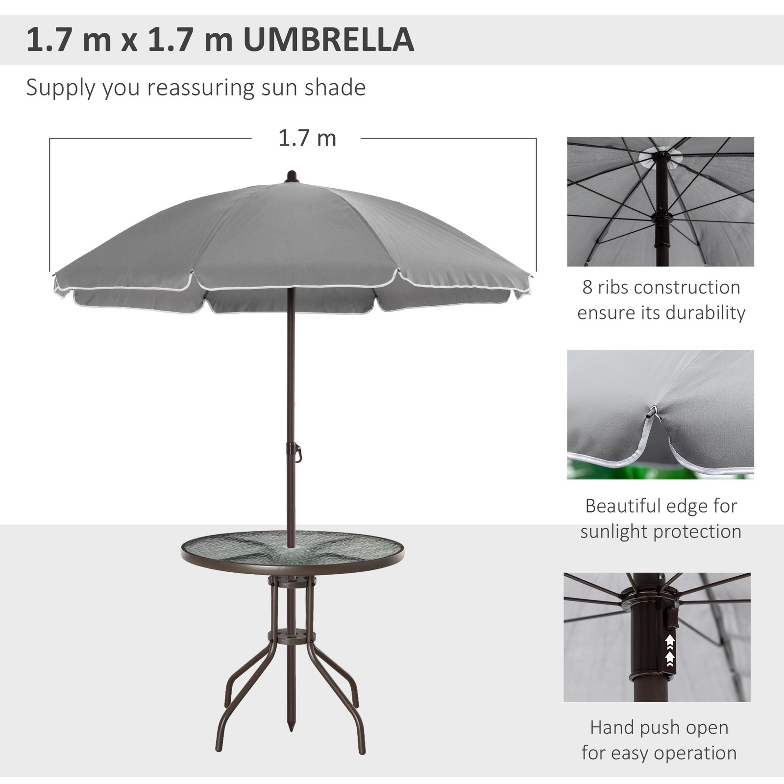 6 Piece Patio Dining Set with Umbrella, 4 Folding Chairs & Glass Table, Gray