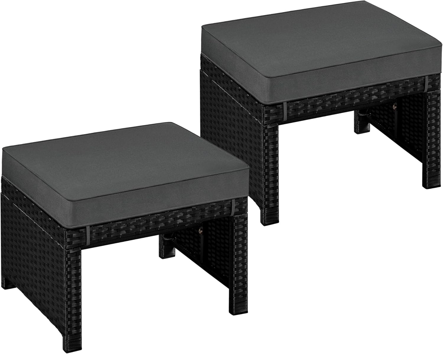 Wicker Ottomans 2 Footrest with Removable Cushion Black/Gray | 2pcs PE Rattan