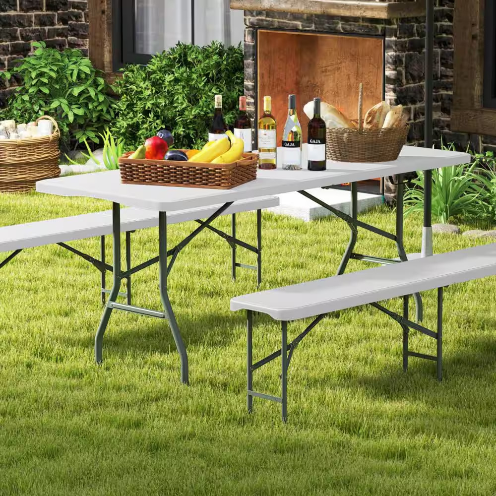 3- Piece Folding Picnic Table Set 71 In. Rectangle Iron Picnic Table and 2 Bench